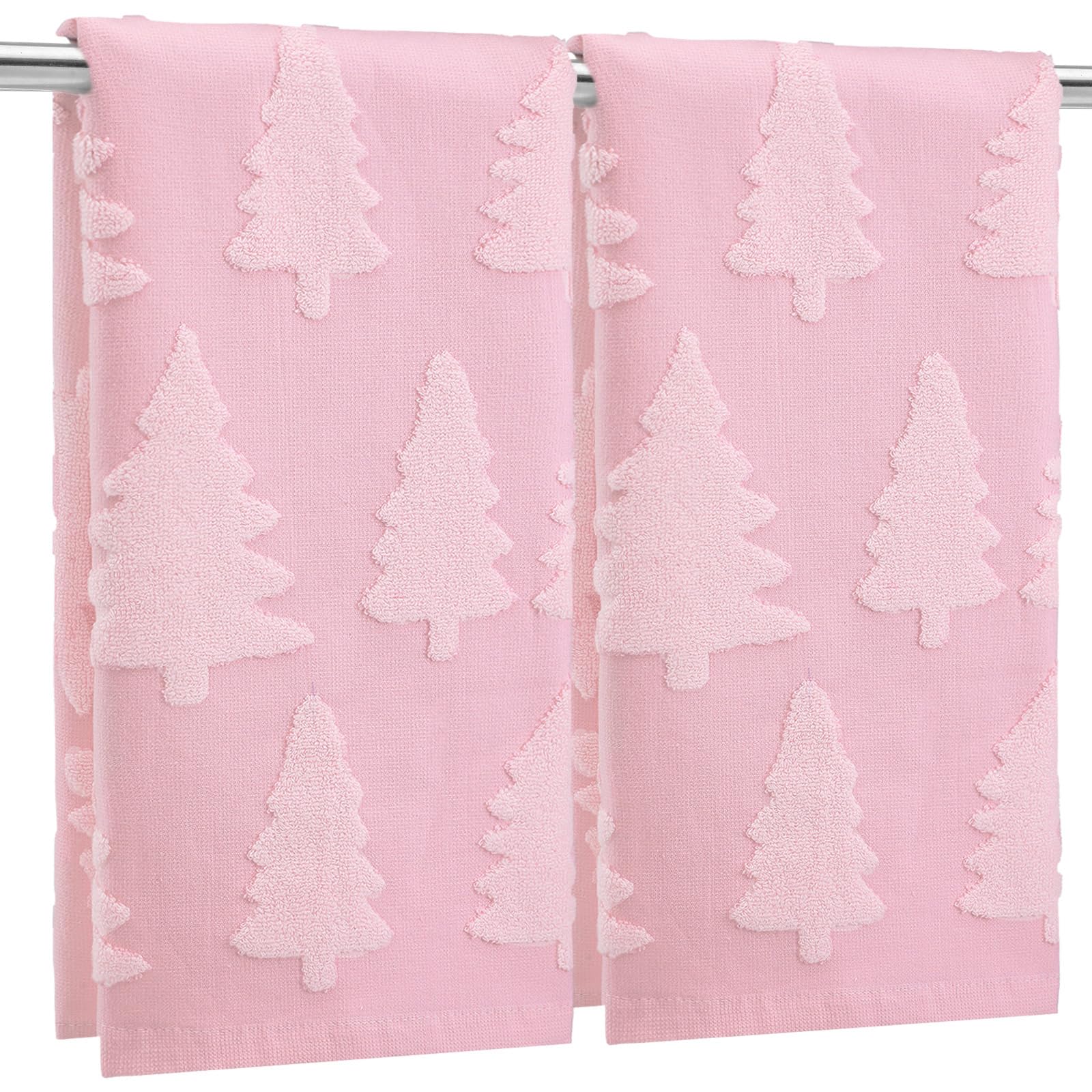 Breling 2 Pcs Christmas Hand Towels Pink Christmas Trees Bathroom Decorative Towels 100% Cotton Absorbent Jacquard Weave Bath De