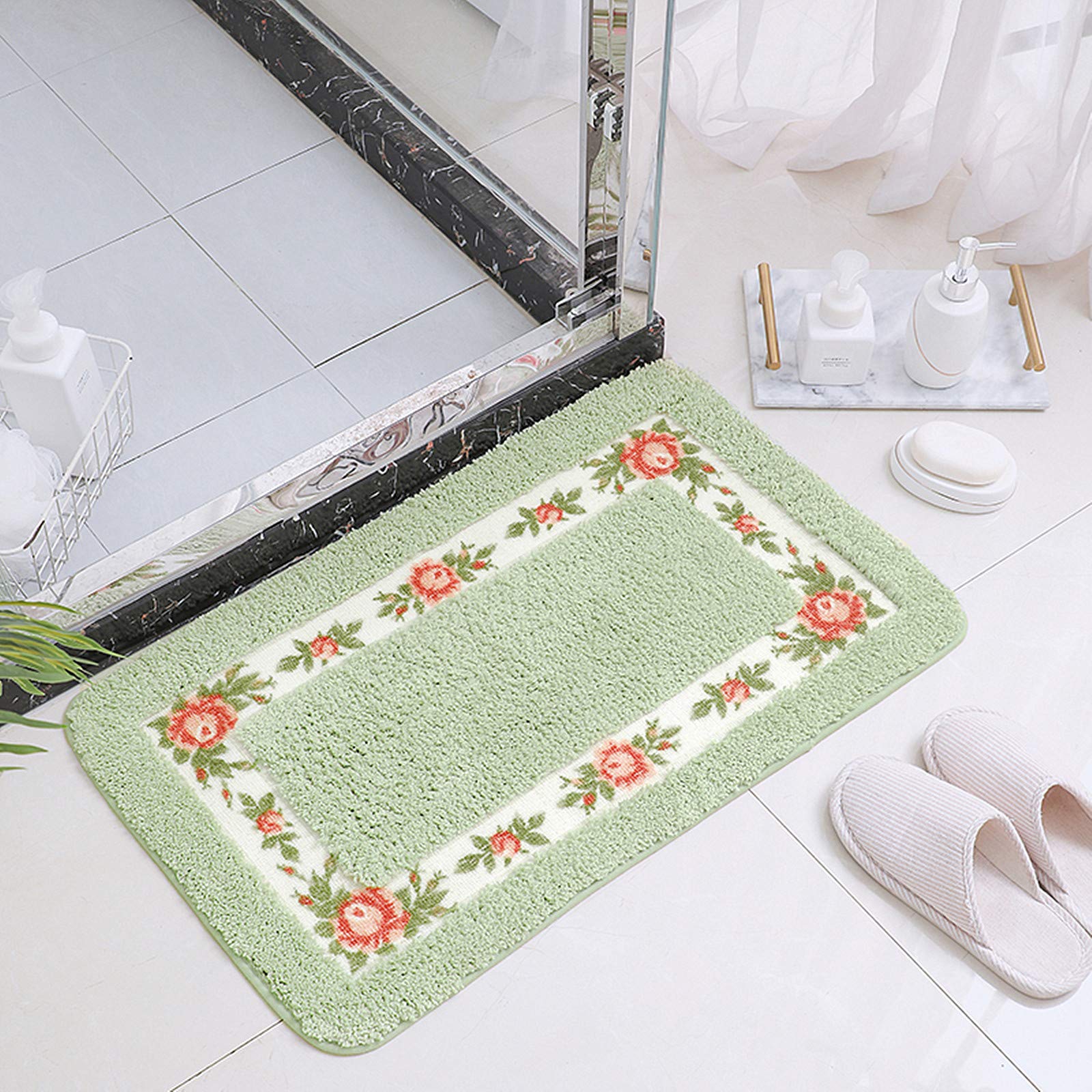 UKELER Bath Rug Soft Shag Floral Rose Bathroom Rugs Washable Non-Slip Bath Mat for Home and Hotel  29.5''x17.7''  Green