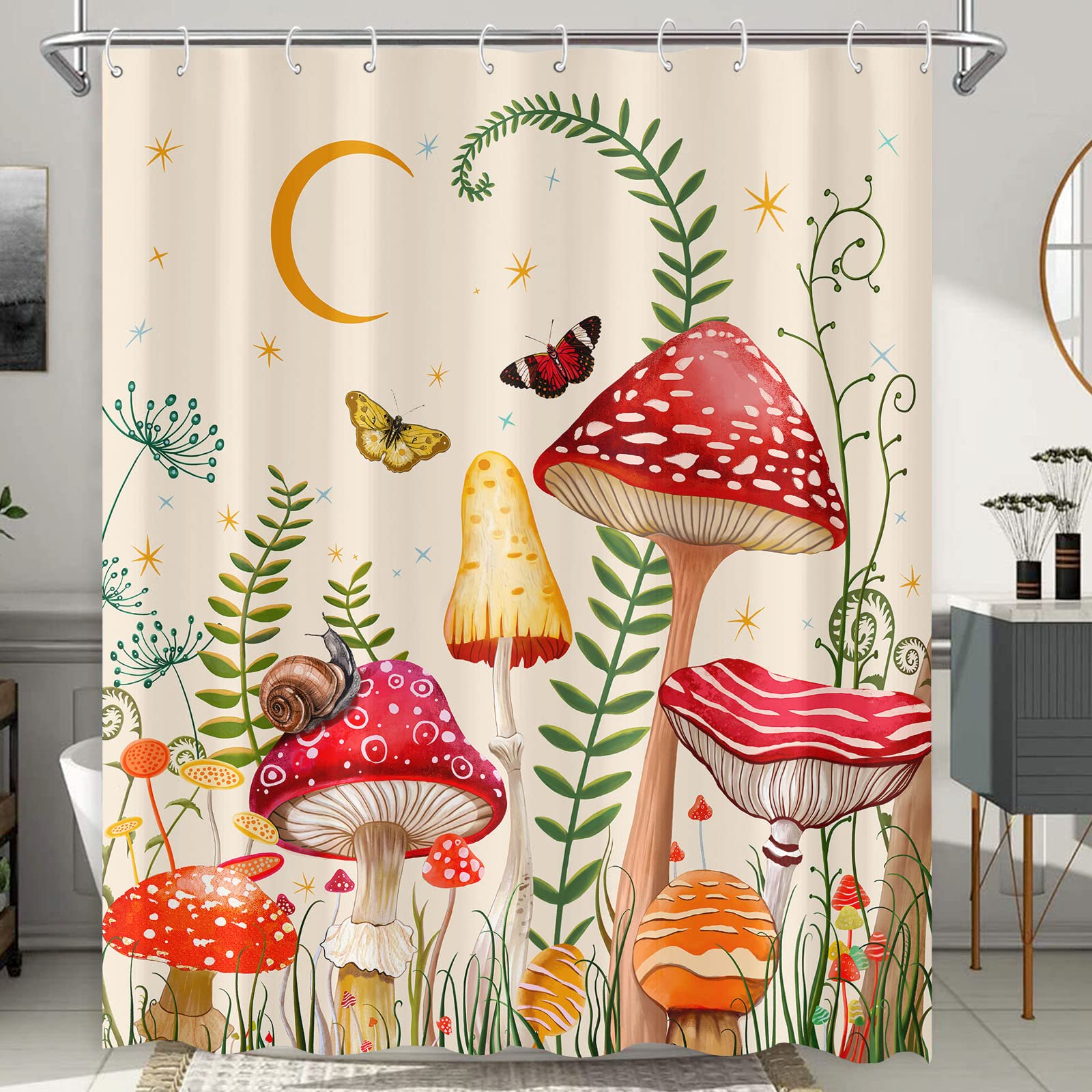 Zussun Extra Long Mushroom Shower Curtain Set Beige And Red Floral Butterfly Waterproof Fabric Bathroom Shower Curtains Aestheti
