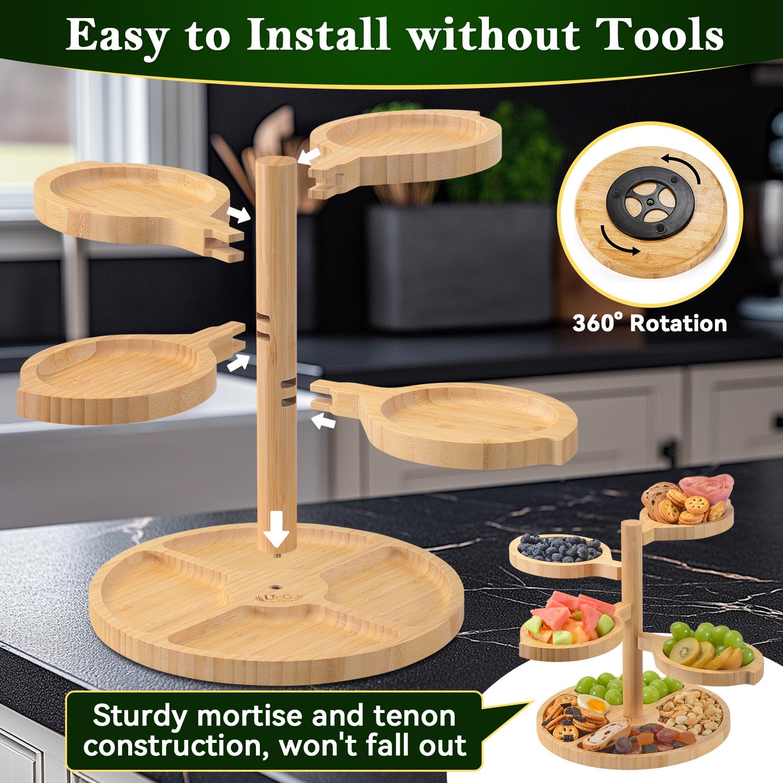 Utcg 5-In-1 Bamboo Charcuterie Board - 360 Rotating, Tiered, Detachable, Easy To Clean - Ideal Gift For Christmas, New Year, Wed