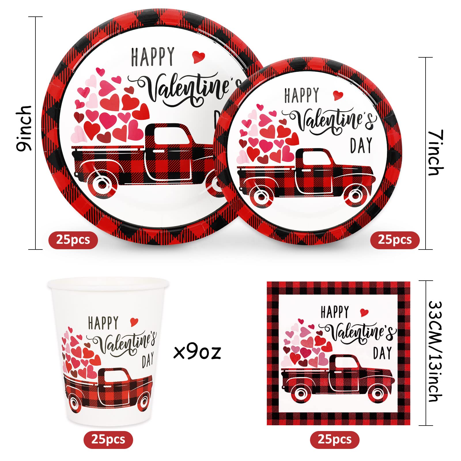 Whaline 100Pcs Valentine'S Day Tableware Set Buffalo Plaid Heart Truck Disposable Dinnerware Set 50Pcs Paper Plates 25Pcs Napkin
