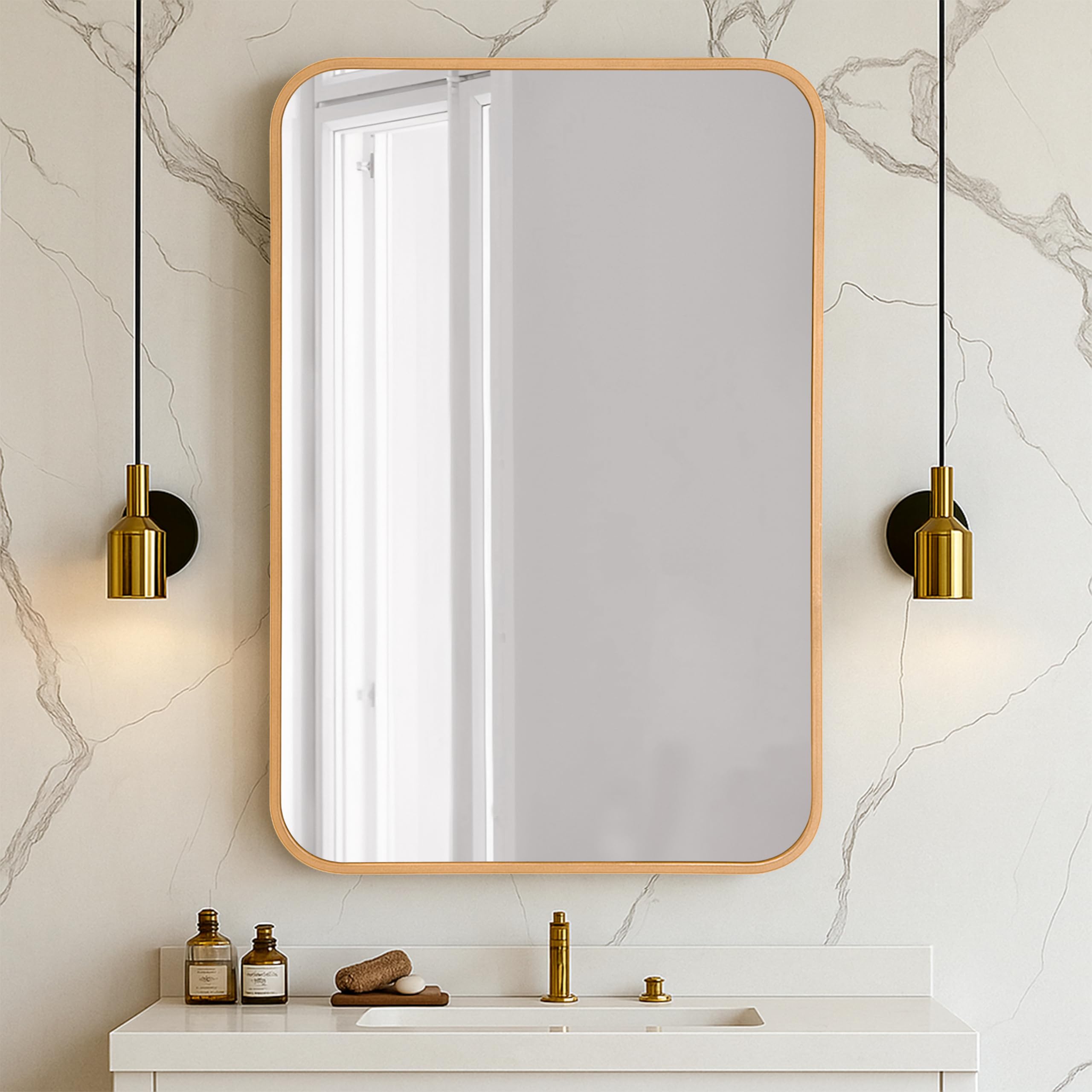 Art Street Rectangular Decorative Wall Mirror With Aluminum Metal Frame Gold | Rounded Rectangular Vanity Mirror For Makeup, Bed