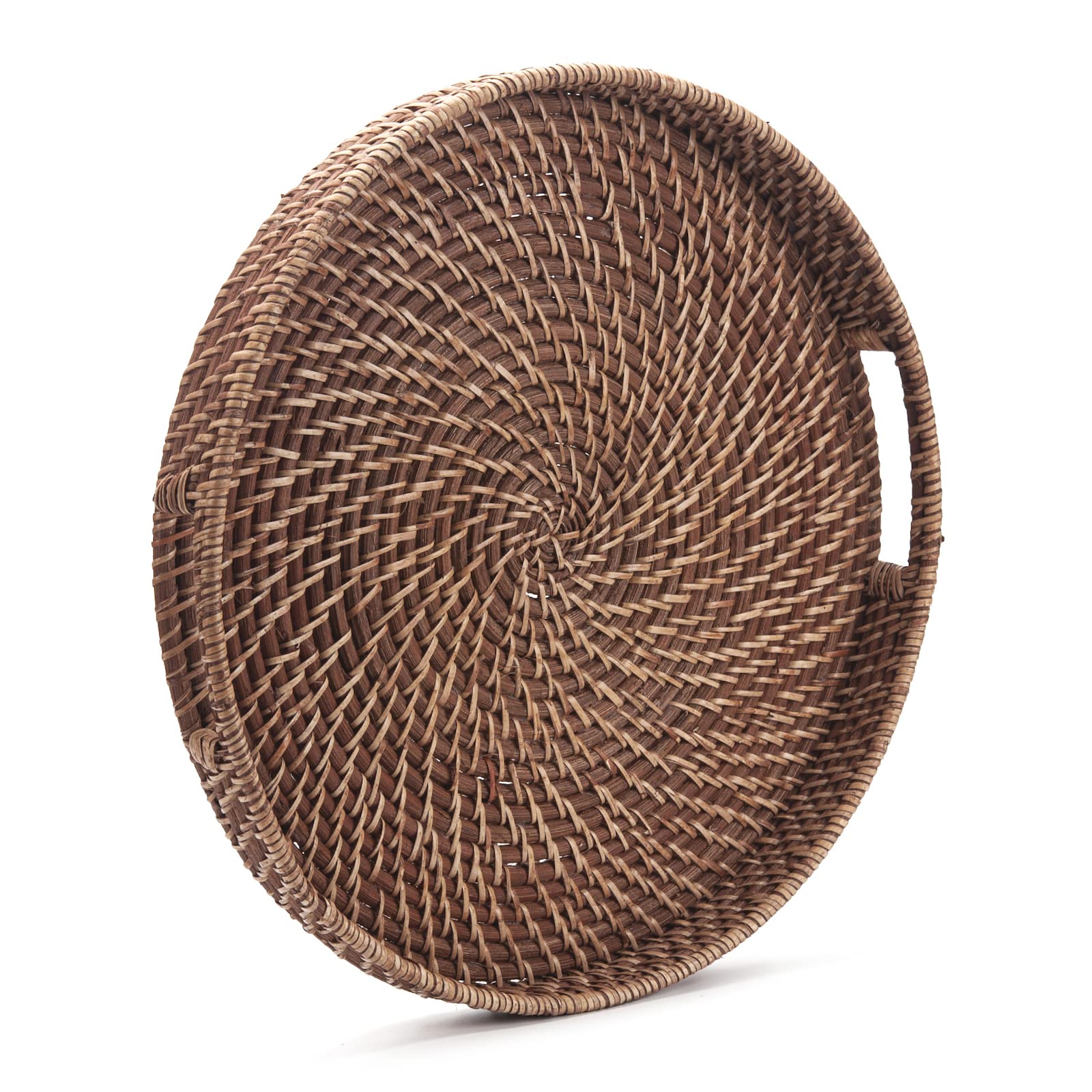 Round Rattan Woven Serving Tray With Handles Ottoman Tray For Breakfast, Drinks, Snacks For Coffee Table, Home Decorative (Honey