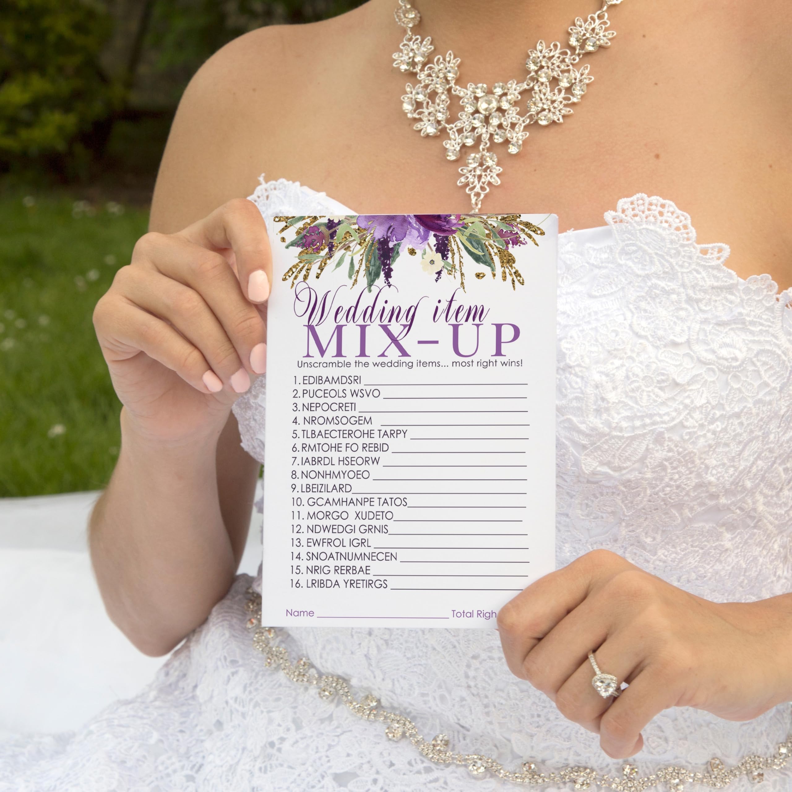 Purple Floral Bridal Shower Games - 25 Wedding Word Scramble Cards - Fun Guessing Activity For Engagement Parties And Rehearsal