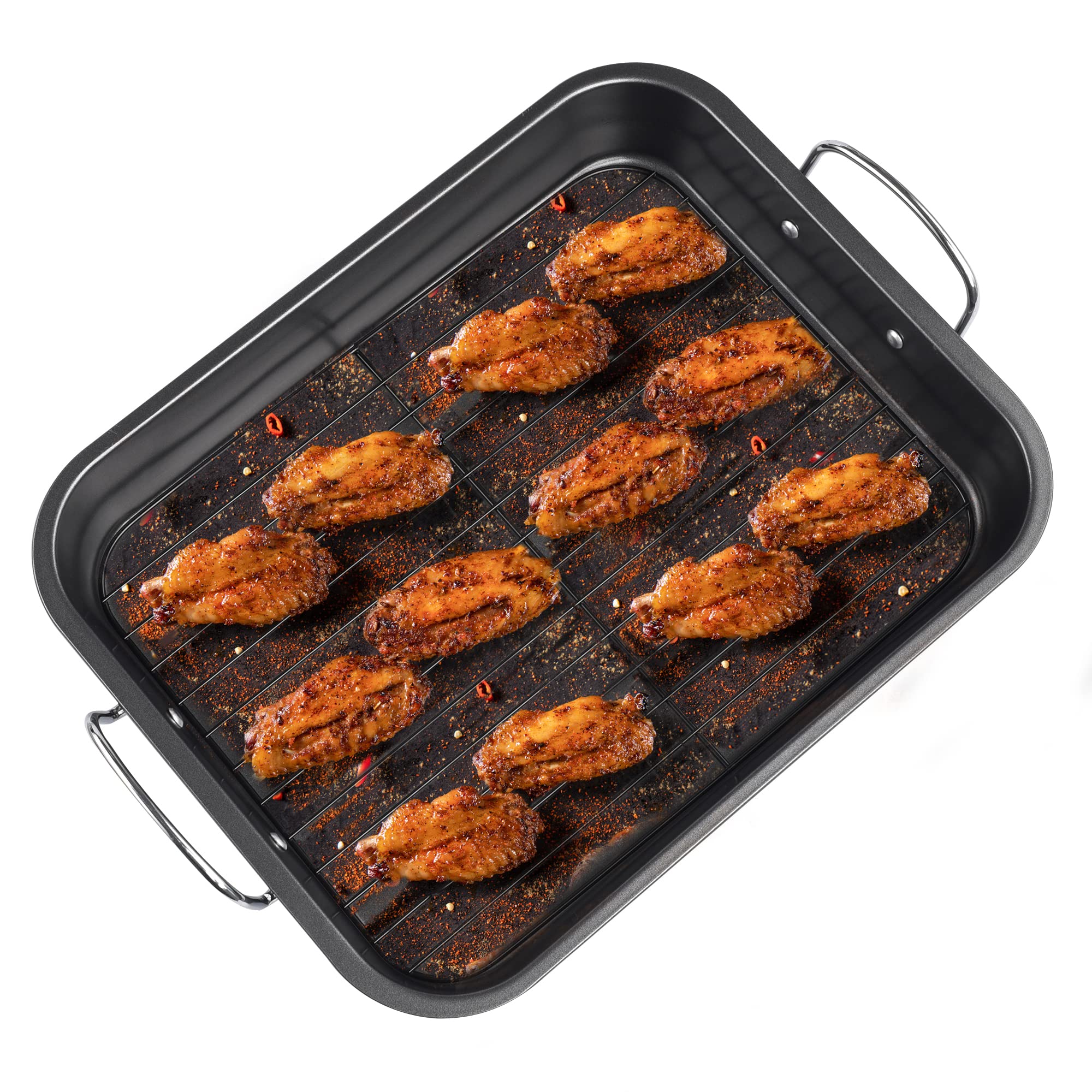 Kitcom Nonstick Roasting Pan With Rack, 16 Inch X 11.5 Inch Rectangular Roaster Set For Roasting Turkey, Chicken, Meat And Veggi