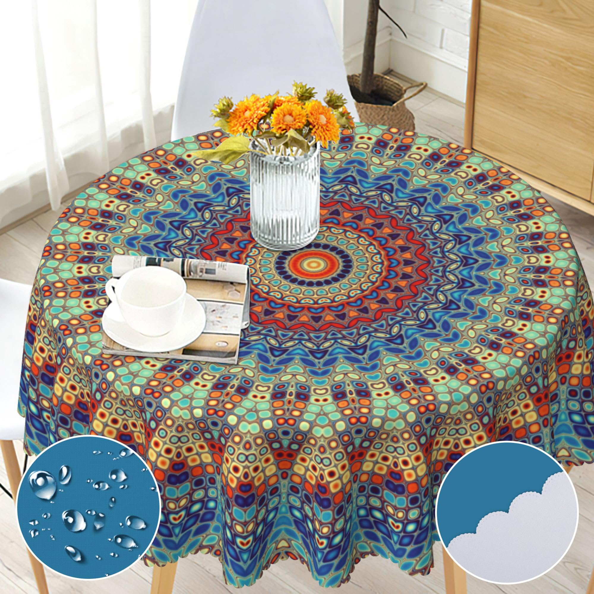 Boho Round Tablecloth 60 Inch, Bohemian Circle Table Cloth, Stain Resistance, Water Repellent And Wrinkle-Free, Colorful Tablecl