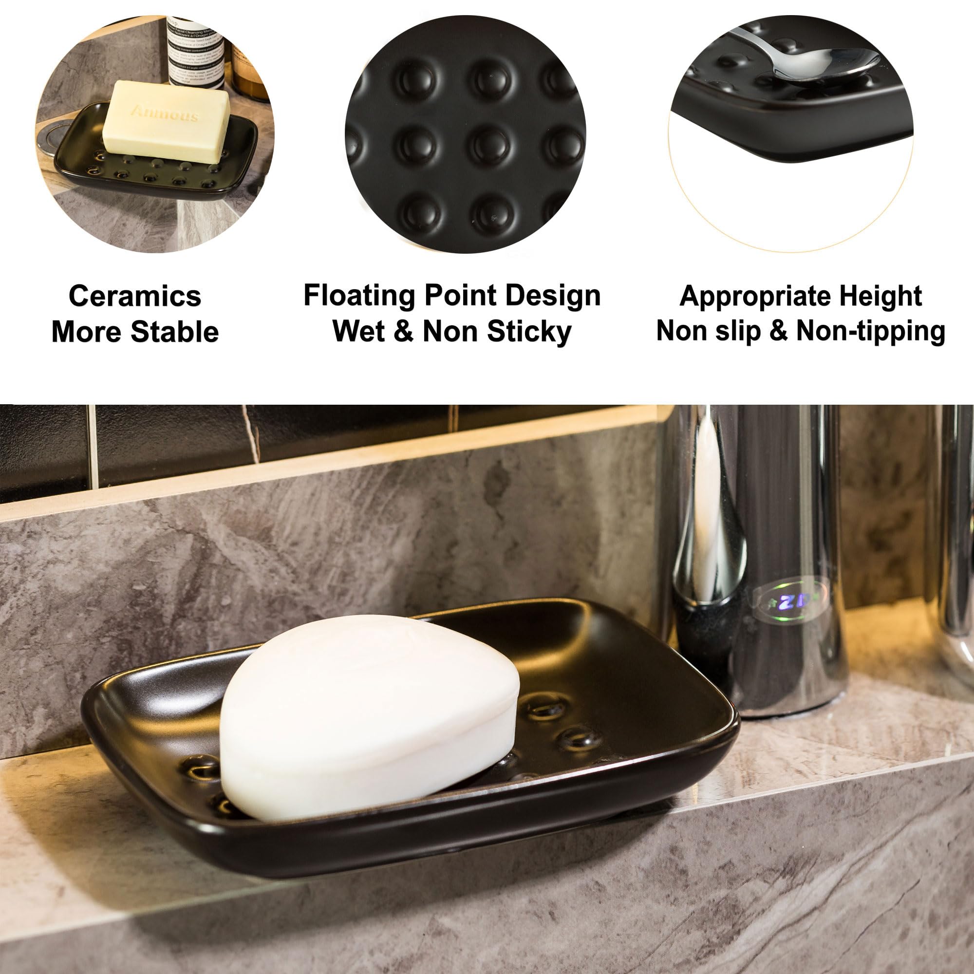 Miamolo Soap Dish, Ceramic Soap Holder Shower Soap Dish For Bar Soap Sponge, Soap Saver Tray For Bathroom Kitchen Sink, Black