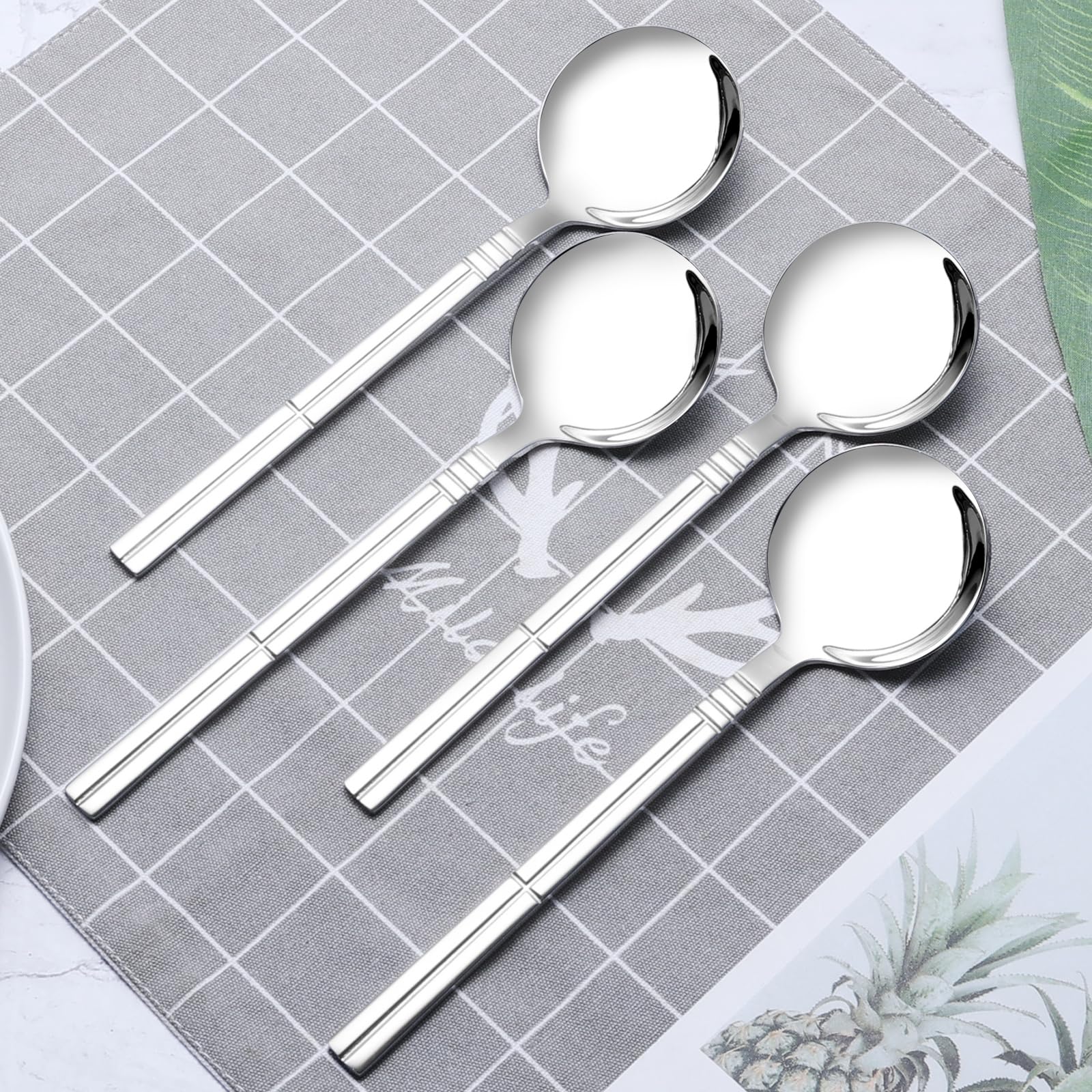 Saedy Round Soup Spoons, 12 Pieces Bouillon Spoon, Stainless Steel