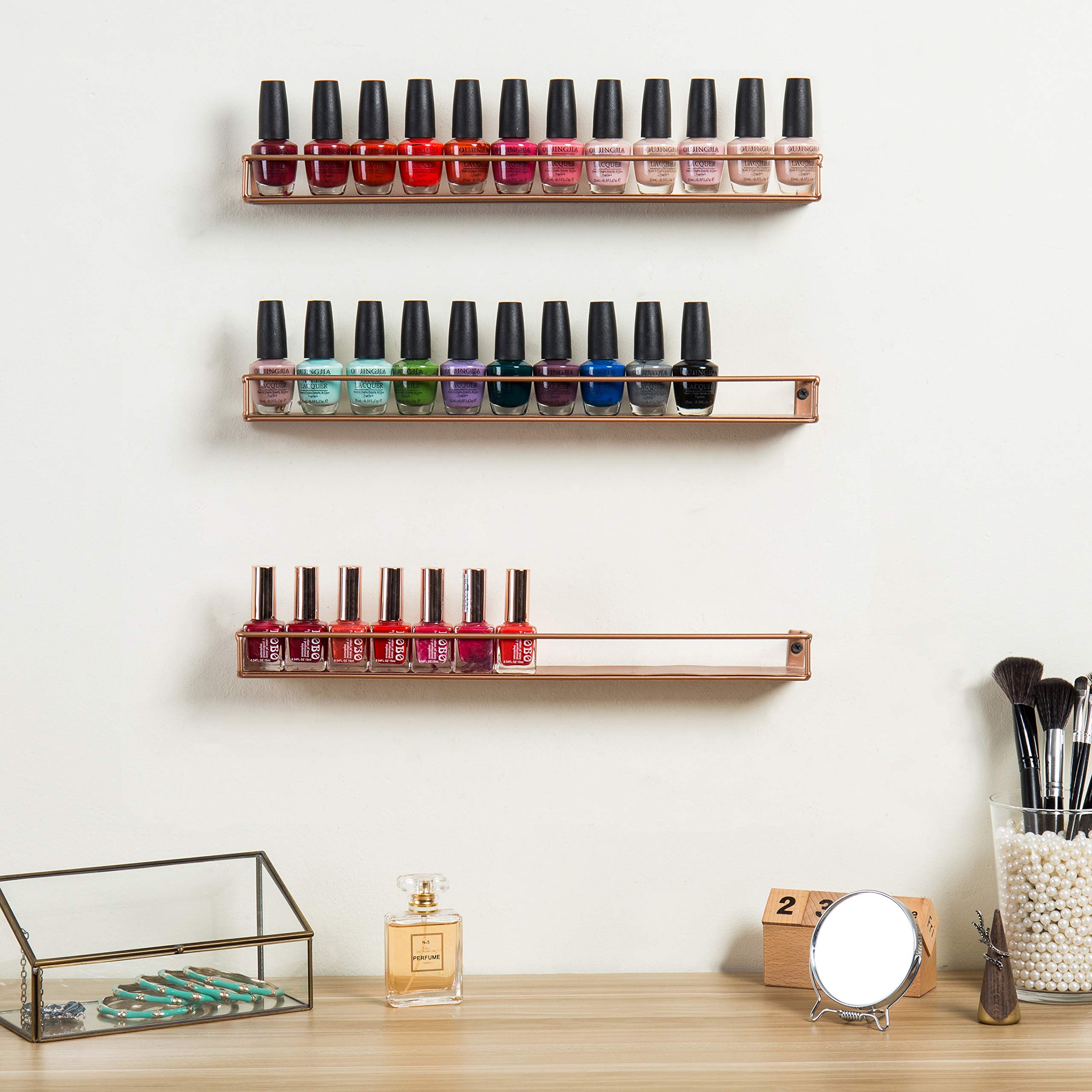 MyGift Set of 3 Wall-Mounted Black Metal Nail Polish and Essential Oils Display Shelves, Kitchen Spice Jars Rack