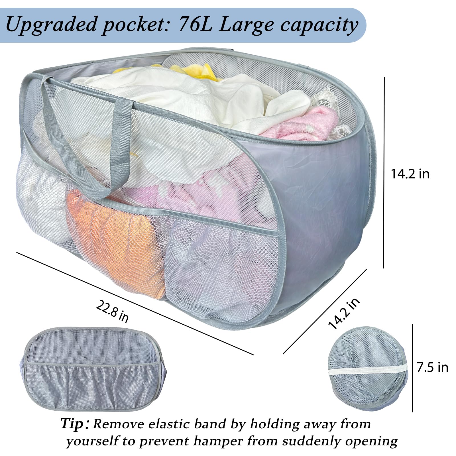 Collapsible Laundry Baskets 2 Pack, Mesh Pop Up Hamper With Handles, Portable Stair Basket, Dorm Or Room Folding Bin, Dirty Clot