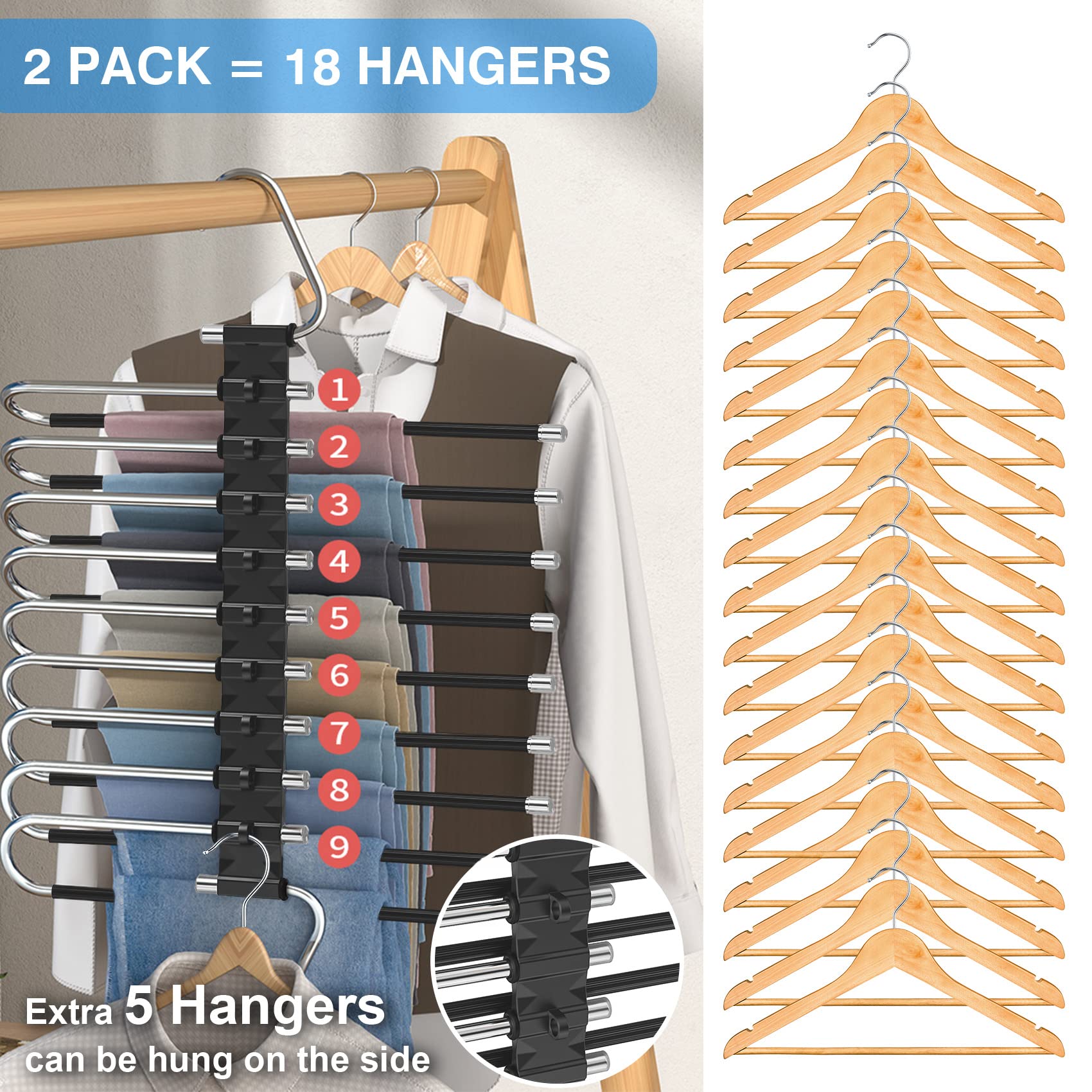 Upgrade 9 Layers Pants Hangers Space Saving, 2 Pack Non Slip Stainless Steel Multifunctional Pants Rack Closet Pant Hanger Organ