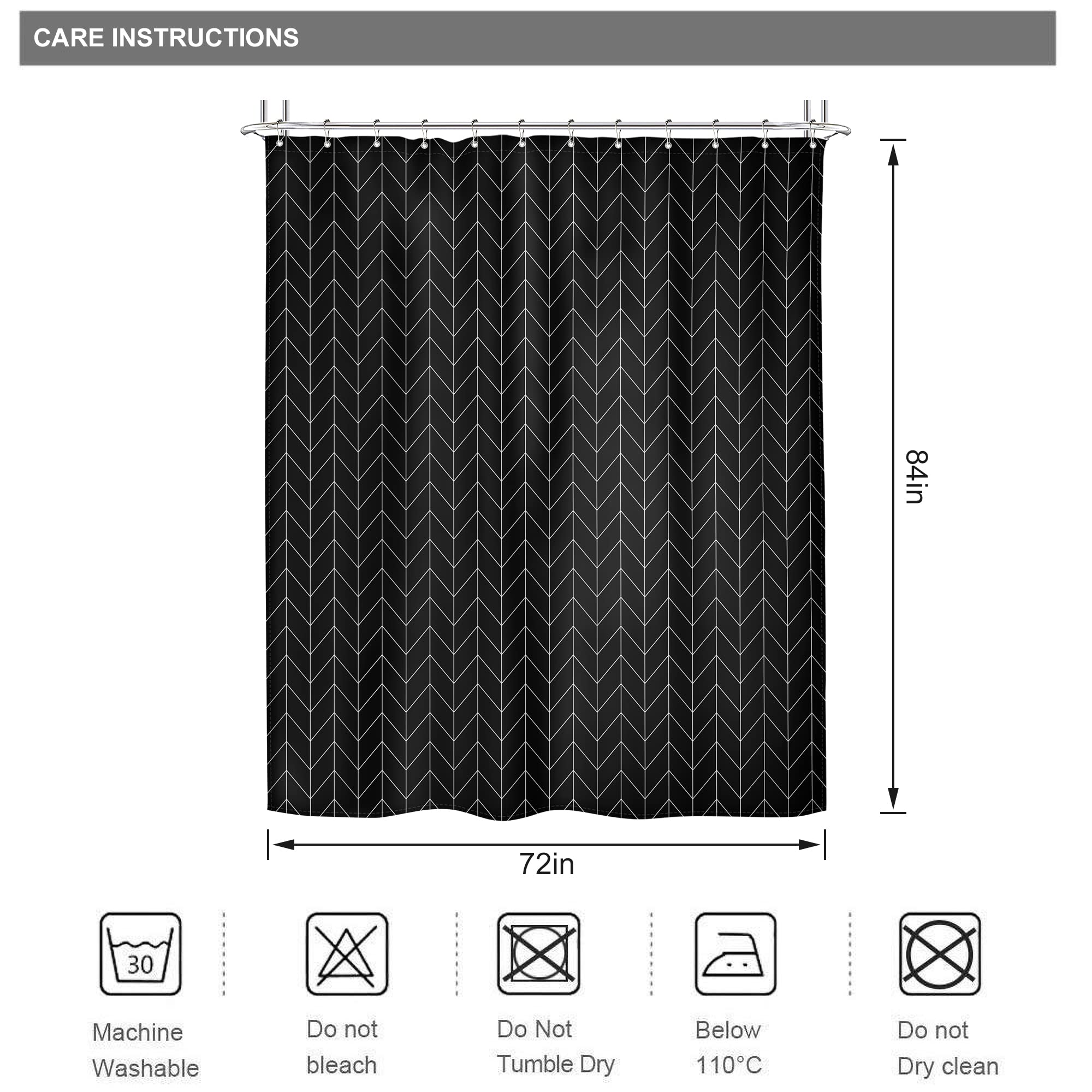 Riyidecor Herringbone Chevron Shower Curtain Extra Long 72x84 Inch Black Geometric Striped Modern Fashion Panel Decor Fabric Bathroom Set Polyester Waterproof 12 Pack Hooks