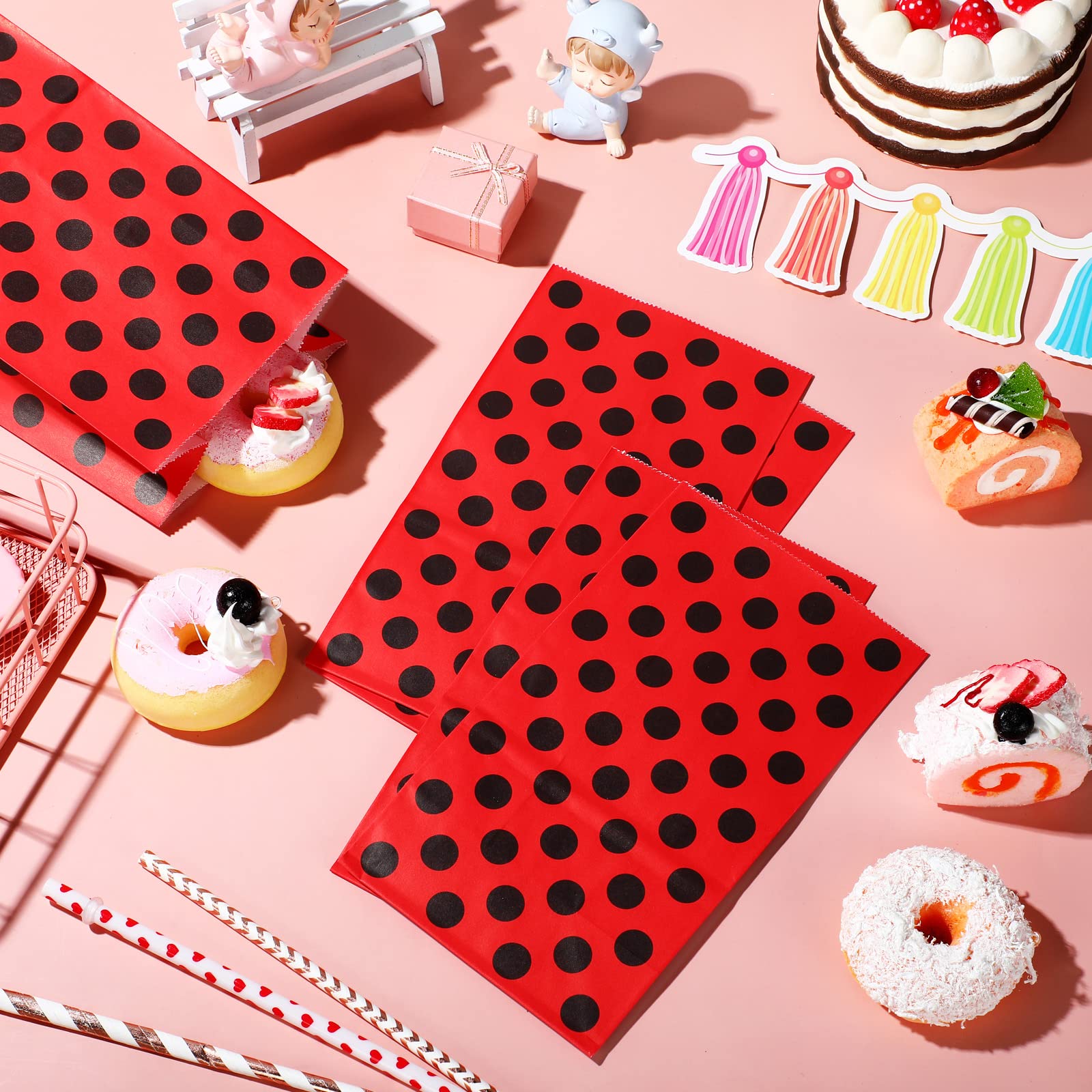 28 Pack Ladybug Party Bags Ladybug Treat Paper Bags Red Black Polka Dots Ladybug Bags Ladybug Party Candy Bag for Baby Shower or Ladybug Themed Birthday Party Supplies