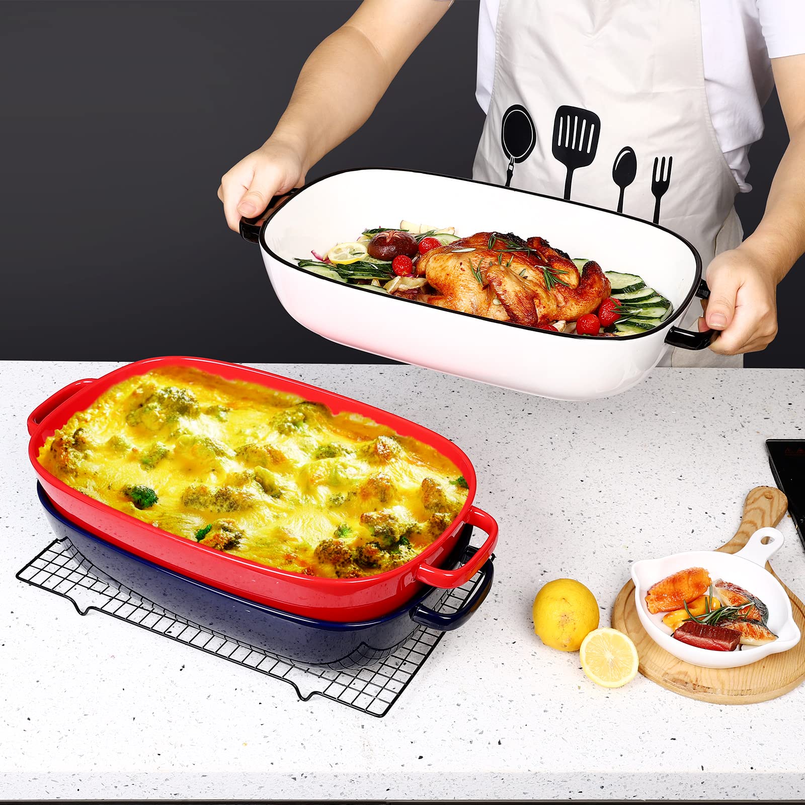 4.5 Quart Ceramic Baking Dish,Serving Bakeware For Casserole,Lasagna,Gratin,Broiling,Roasting,And Baking.Large Deep 14X10X3.11 I
