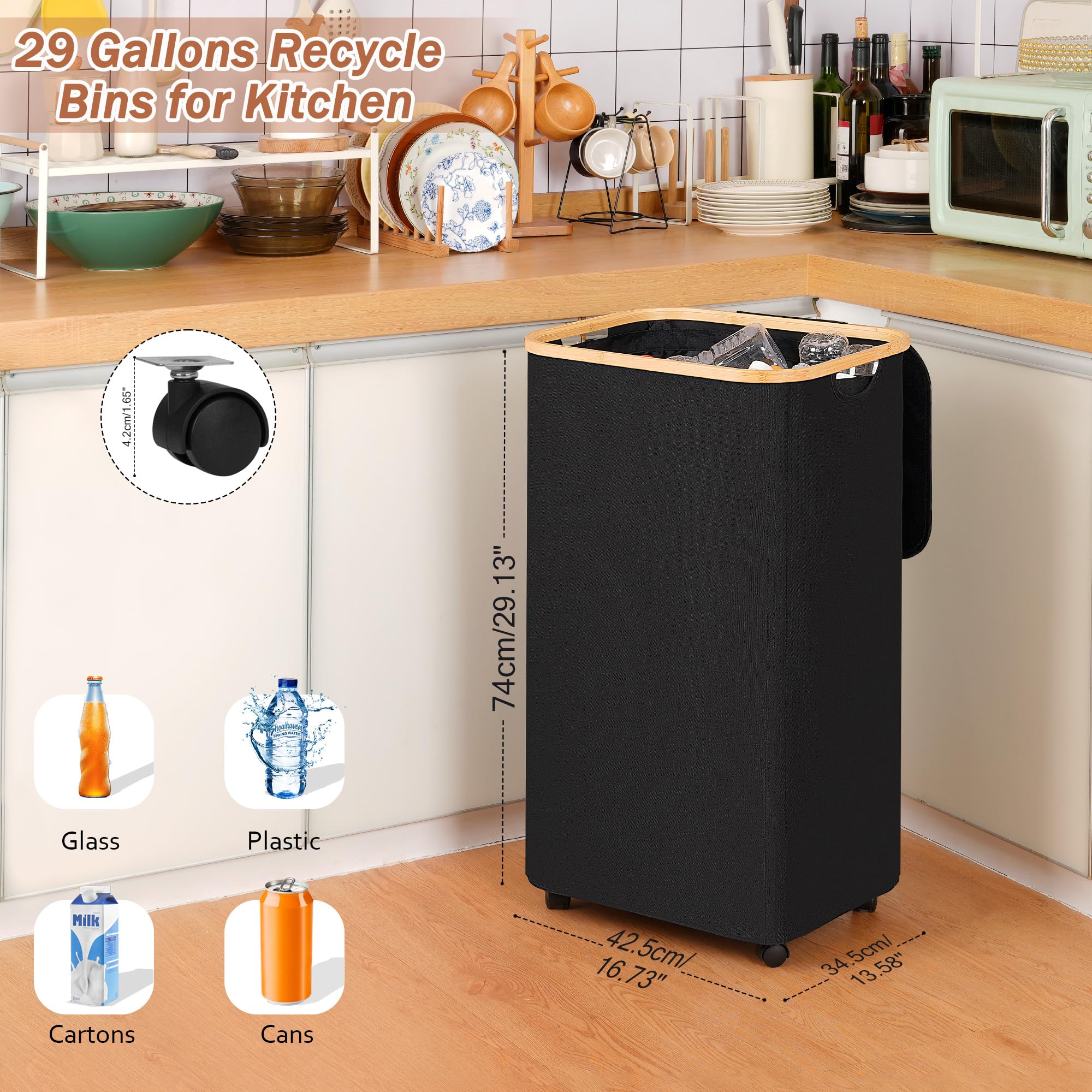 Iegrow Recycling Bin For Kitchen, Indoor Home Recycle Bins With Wheel, 29 Gallons Large Recycling Bin With 2 Removeable Reusable
