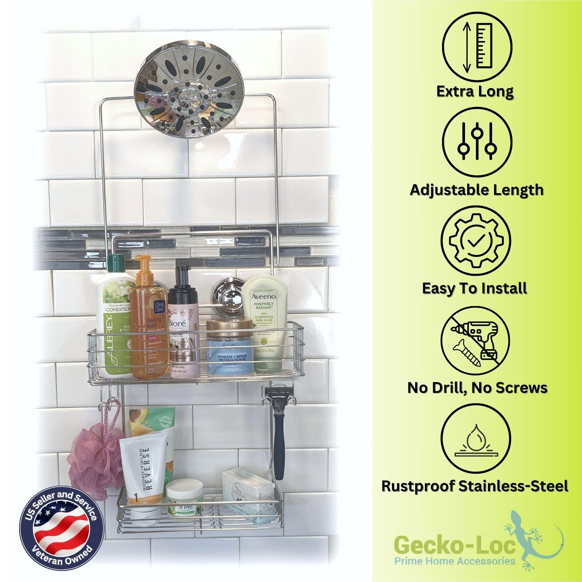Gecko-Loc Extra Long Wide Adjustable Length Over The Showerhead Hanging Shower Caddy Organizer - Stainless Steel Bathroom Caddie