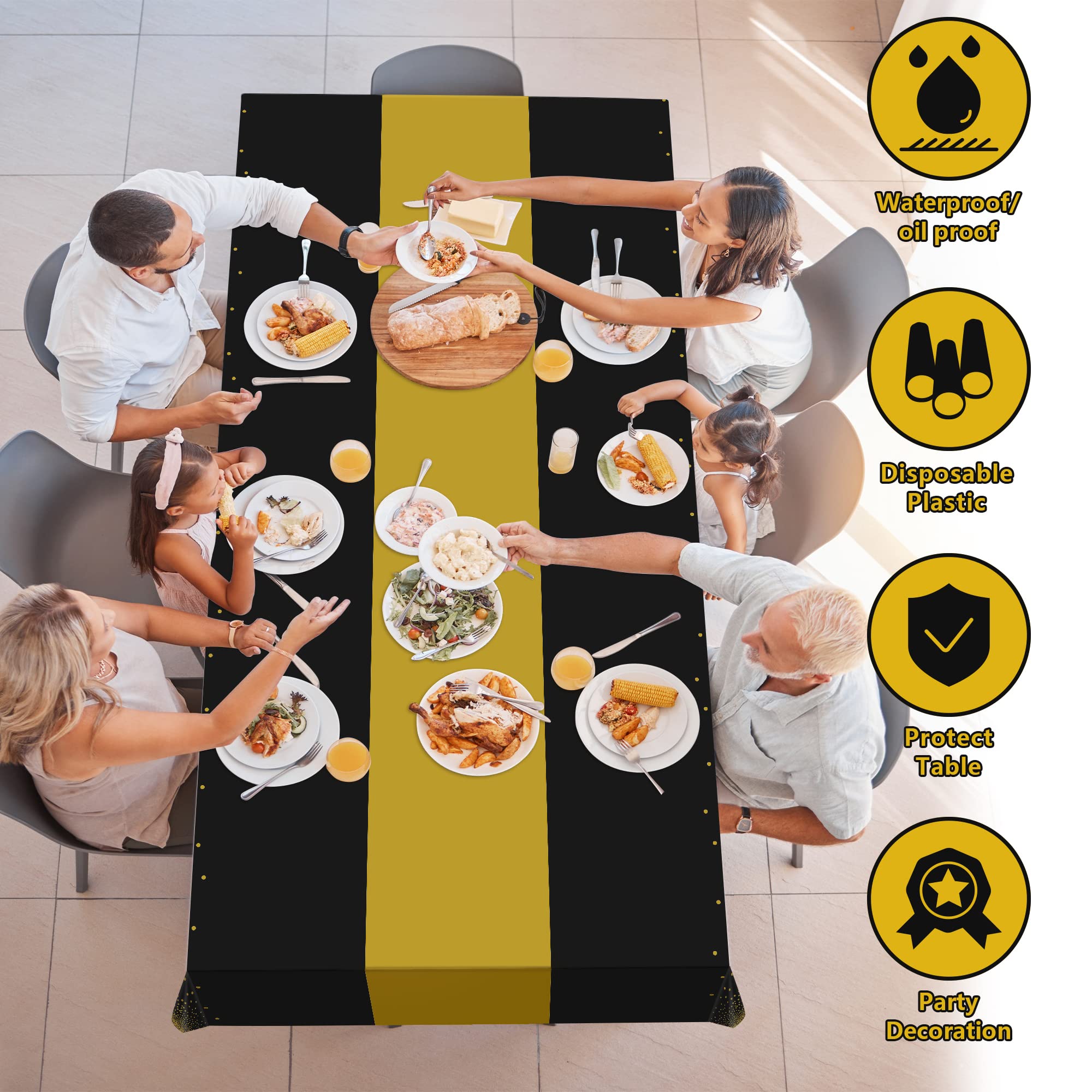 Ohome Halloween Decorations - 4 Pack Disposable Plastic Table Cloths For Parties,Black And Gold Table Covers For Halloween Party