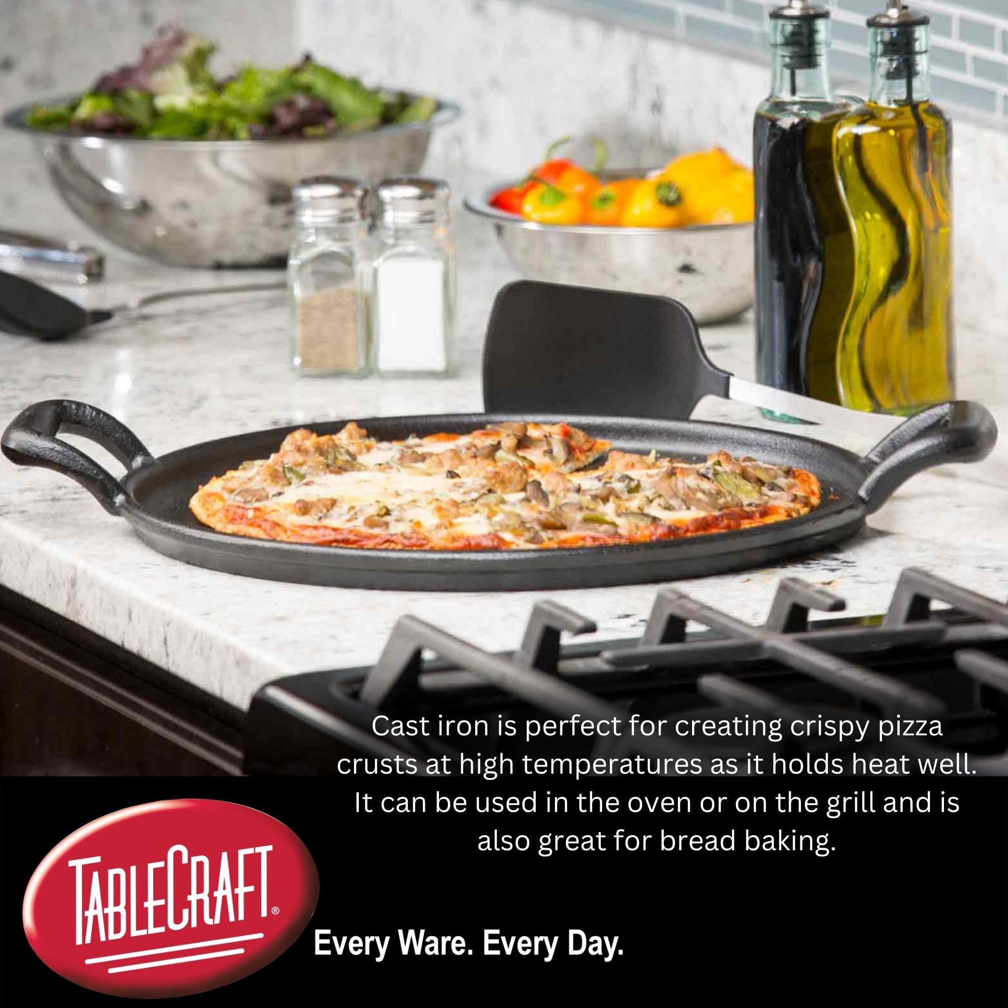 Tablecraft 13.5'' Pre-Seasoned Cast Iron Baking And Pizza Pan | Commerical Quality For Restaurant Or Home Kitchen Use
