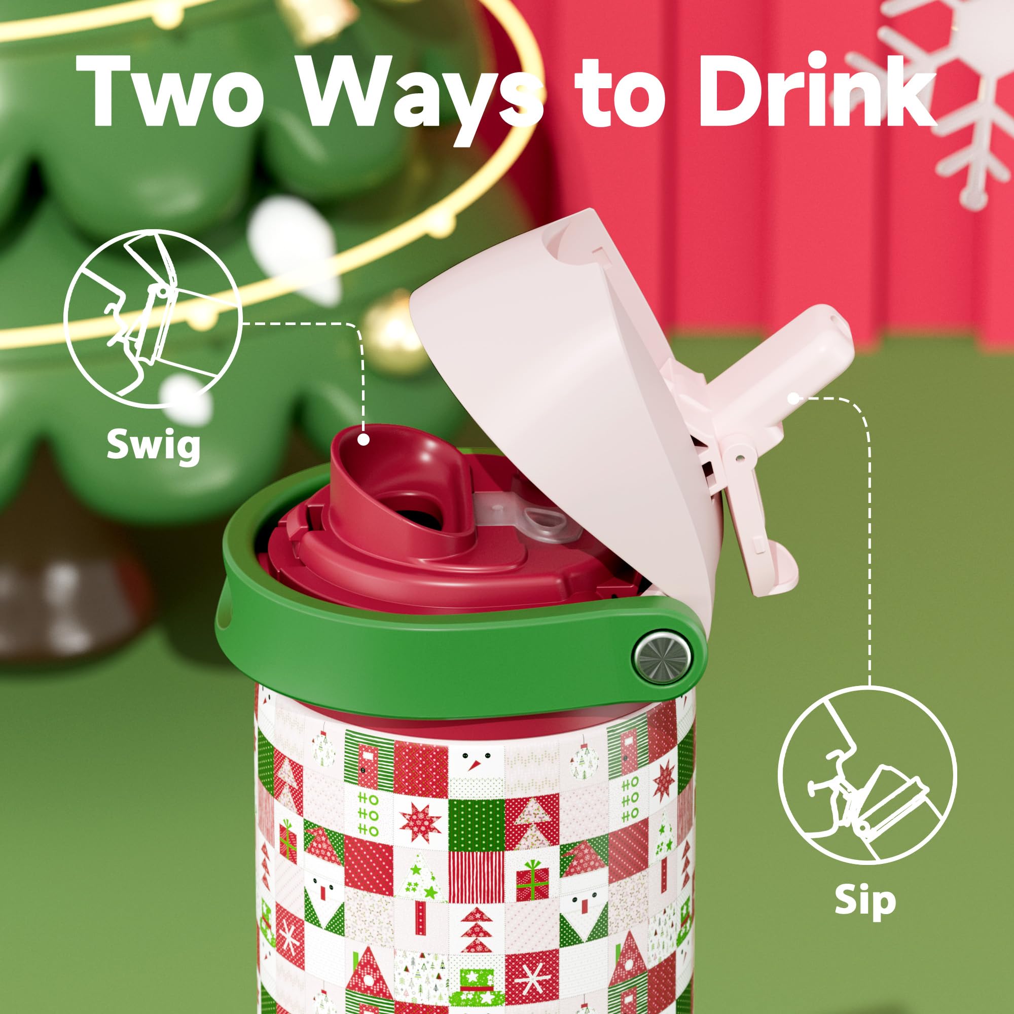 24 oz Insulated Water Bottle for Christmas: Meoky Stainless Steel Xmas Water Bottle with 2-in-1 Straw and Spout Lid - Leak Proof