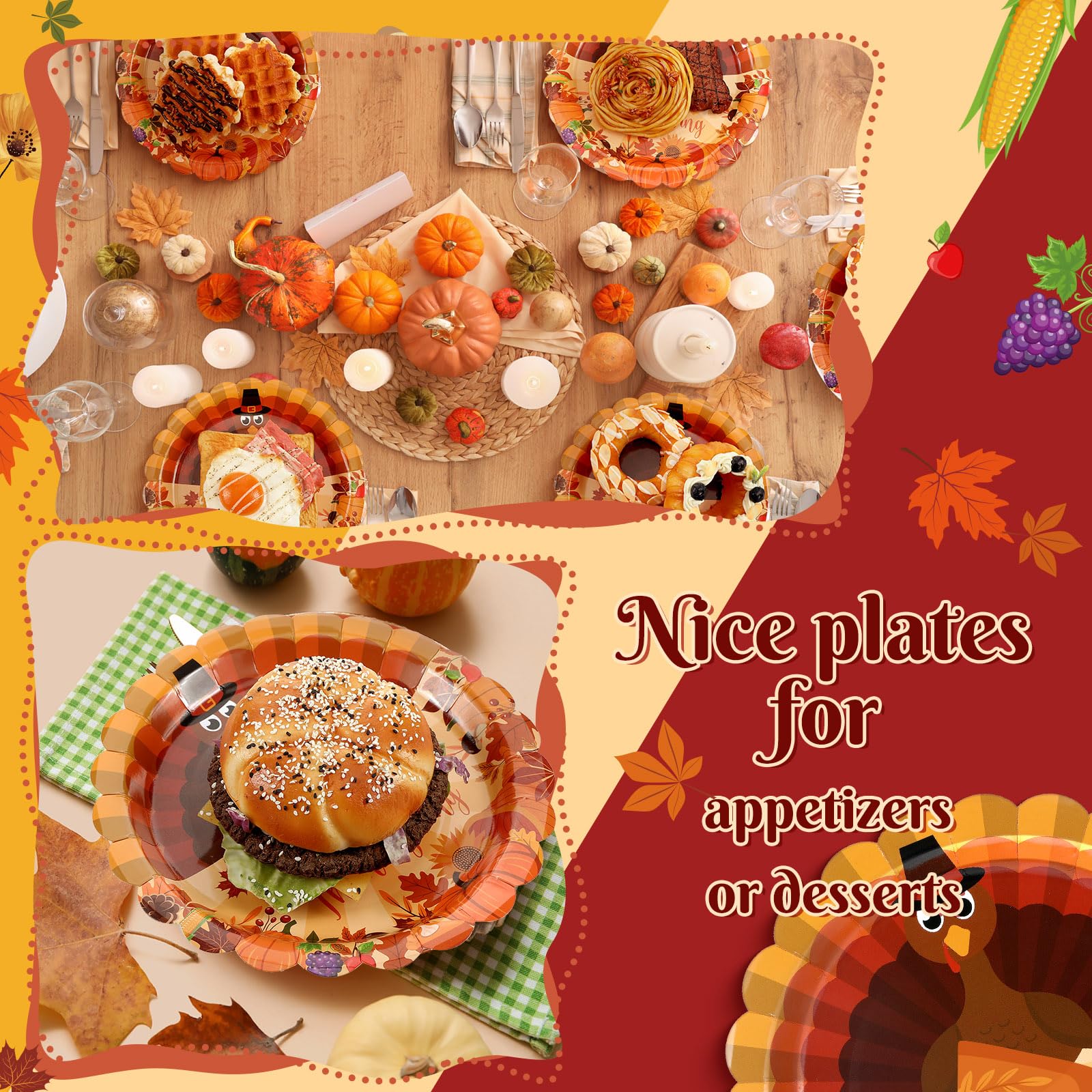 Fourluoo 96 Pcs Thanksgiving Turkey Paper Plates Disposable 9 Inch Turkey Plates for Thanksgiving Fall Party Birthday Party Deco