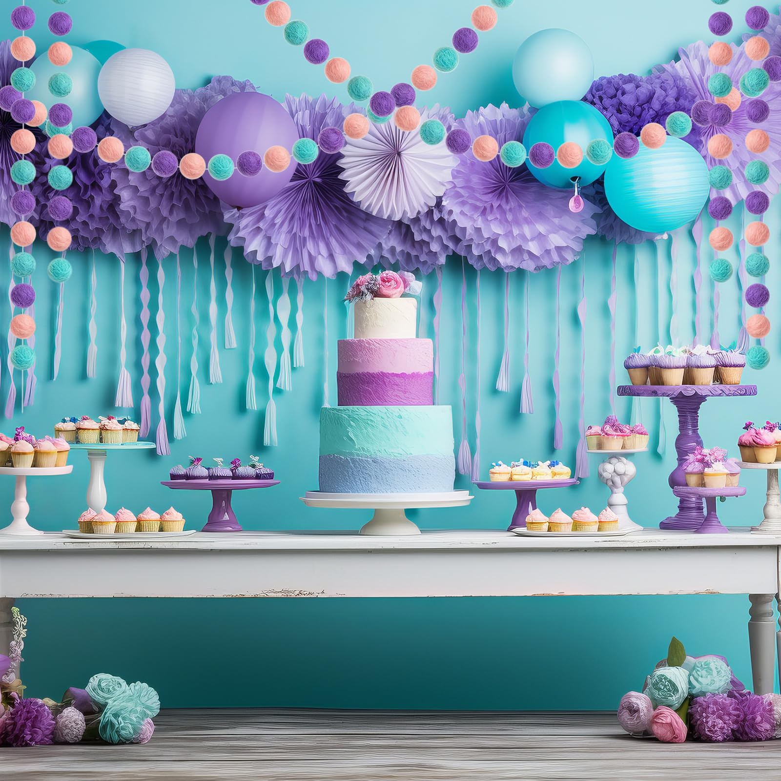 Boao 2 Pieces Wool Felt Ball Garland Colorful Pom Pom Garland Handmade 6.5 Feet Long 24 Balls Felt Banner for Wall Christmas Tre