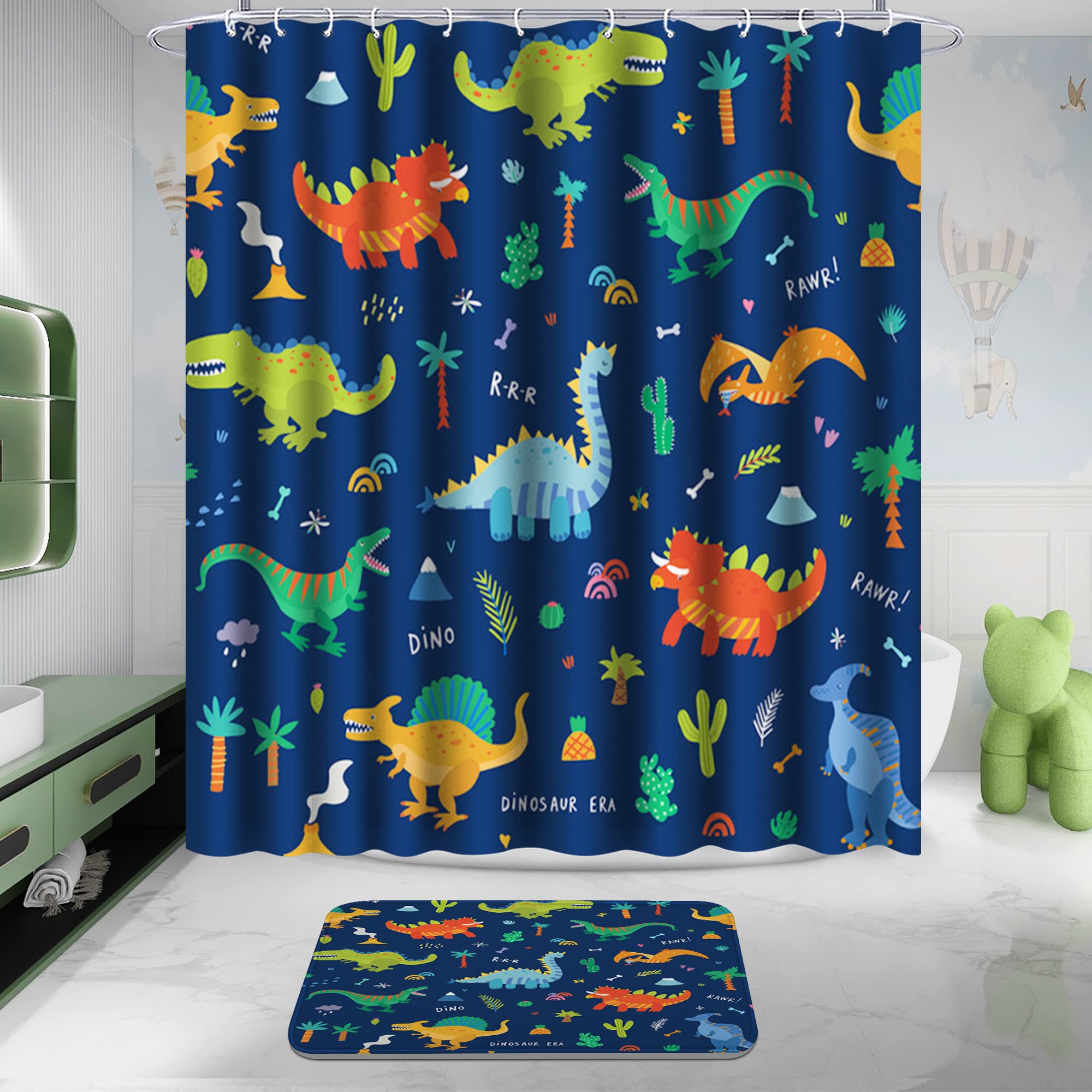 Poedist 4 Pcs Bathroom Shower Curtain Set,Kid'S Bathroom Curtain Sets With Rugs(Bath Mat,U Shape And Toilet Lid Cover Mat) And 1
