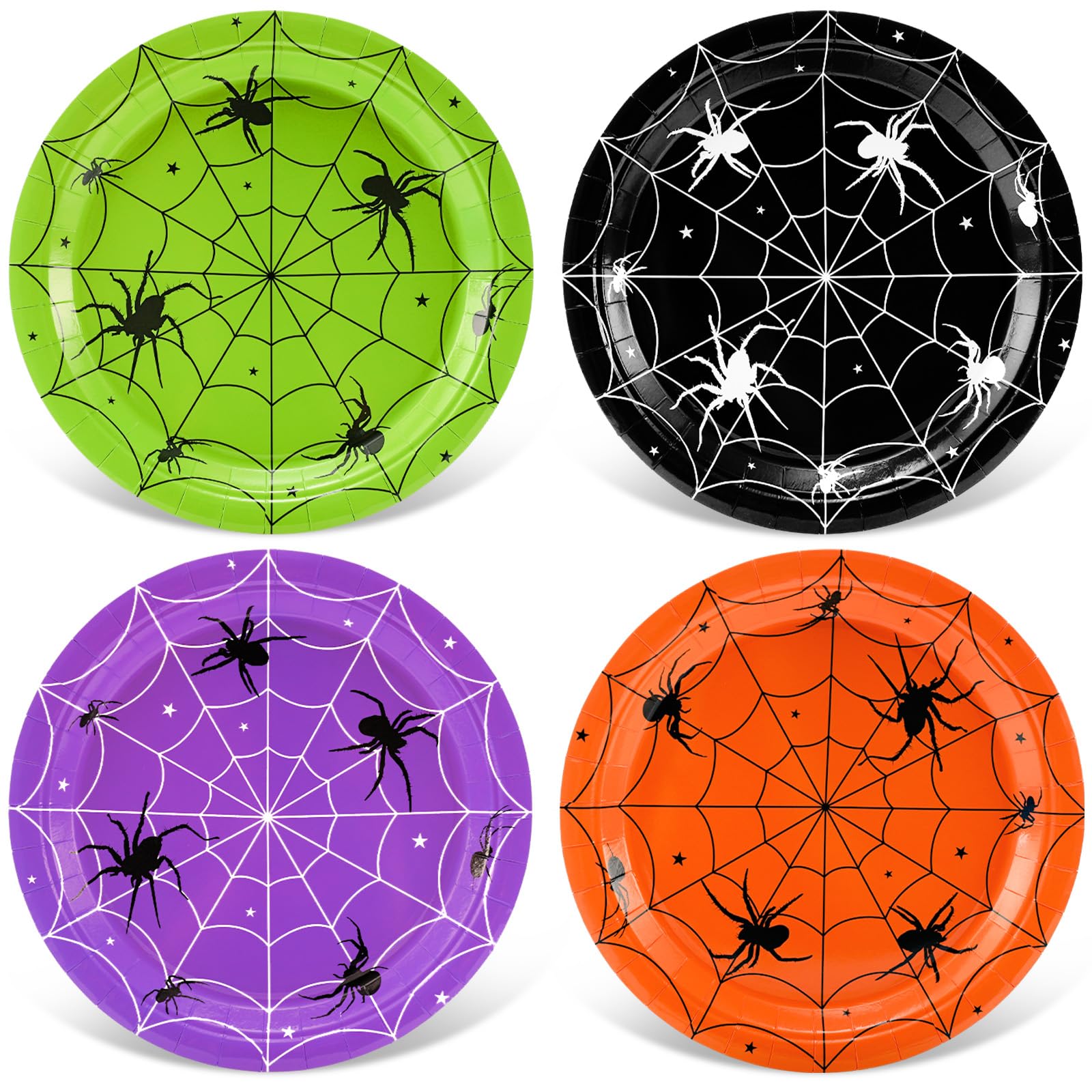 Whaline Halloween Paper Plates Spider Web Party Plates Green Black Purple Orange Disposable Plate for Birthday Holiday Table Sup