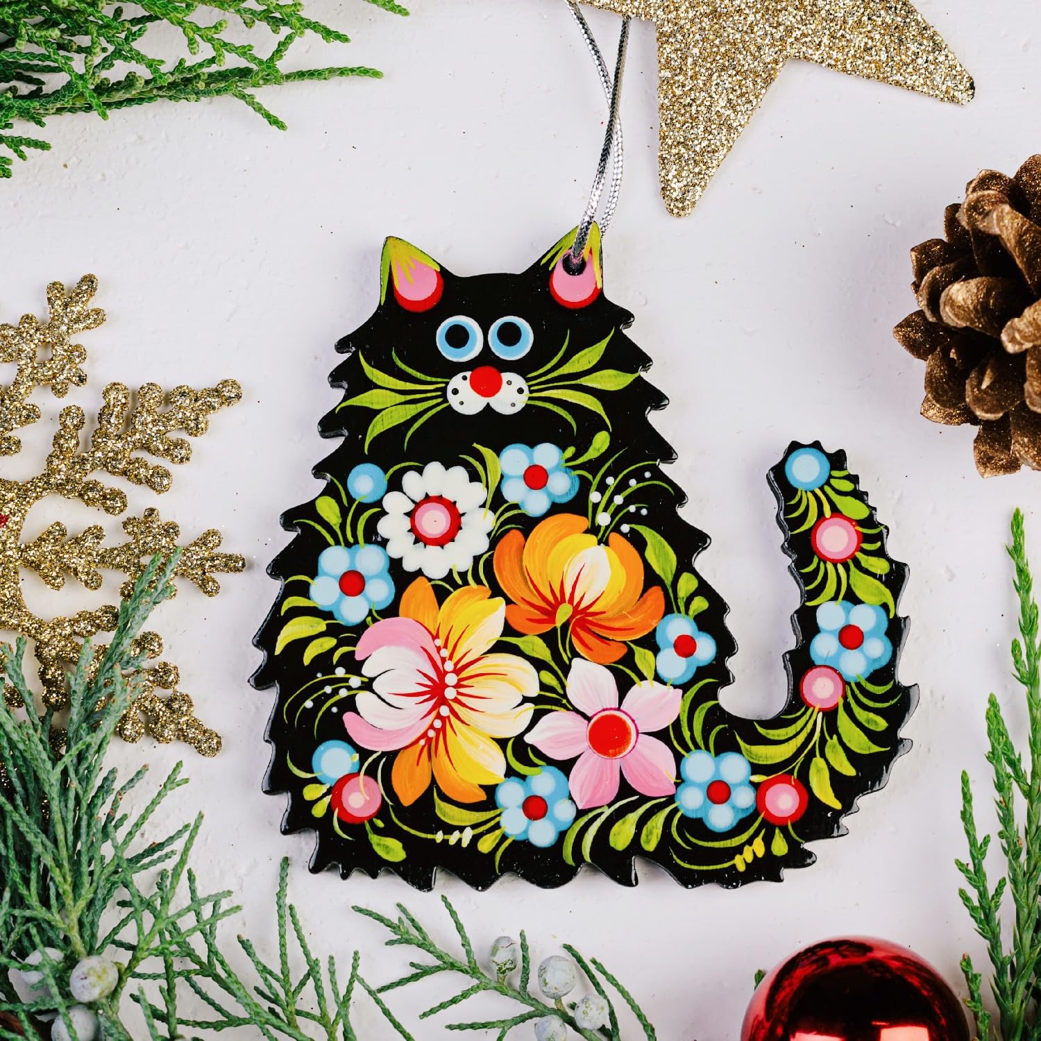 Funny Cat Christmas Ornament 3,3 ? 2,8 ? 0,2 Inch | 7 ? 8,5 ? 0,5 cm Wooden Flat Hand-painted Both Sides Cats Christmas Decorati