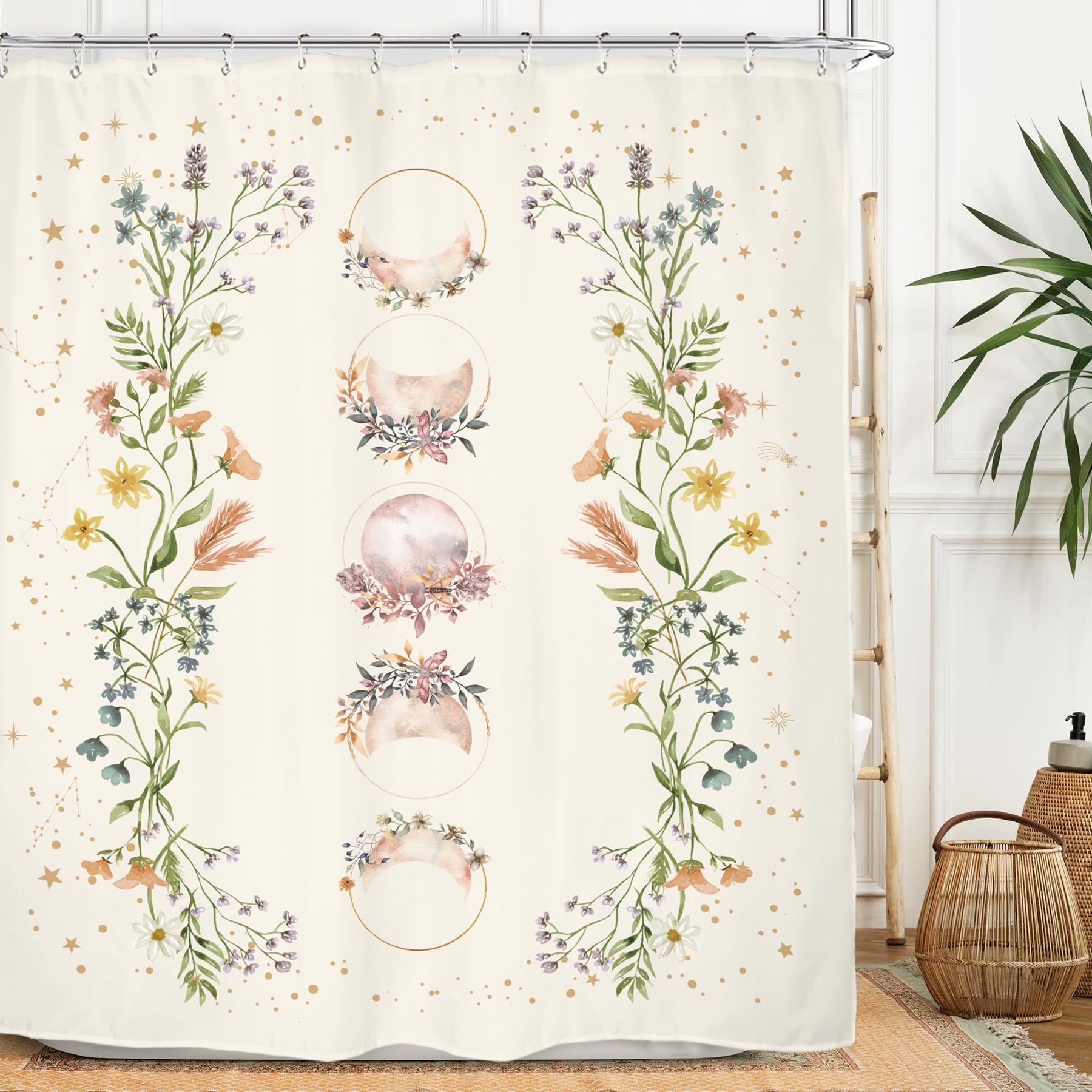 Miyotaa Moon Phase Shower Curtain Set 60Wx71H Inches Moonlit Herb Wildflower Witchy Celestial Flower Floral Botanical Tarot Bath