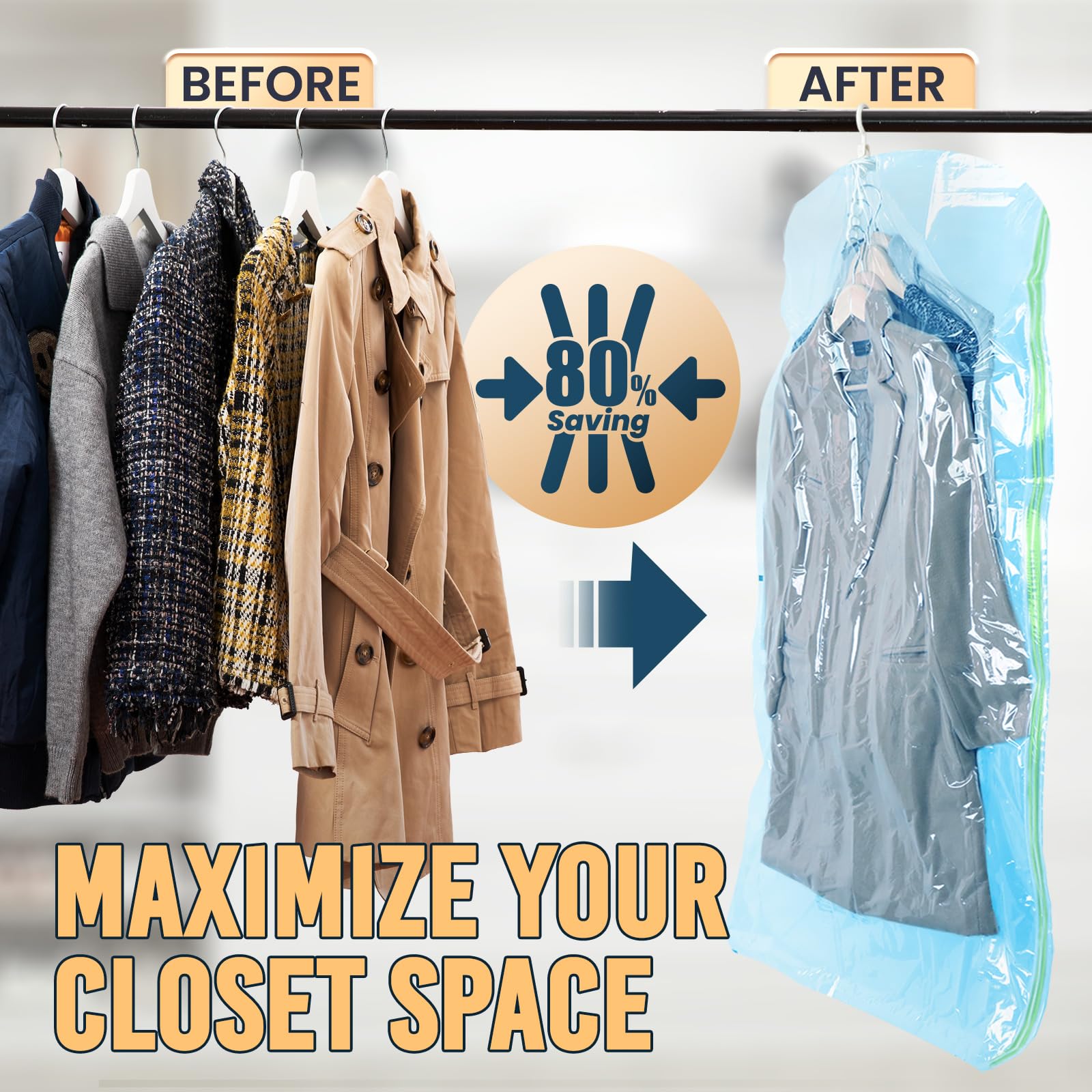 TAILI Hanging Vacuum Storage Bags Space Saver Bags for Clothes  4 Long Vacuum Seal Bag for Suits  Coats or Jackets  Closet Organizer and Storage  Blue