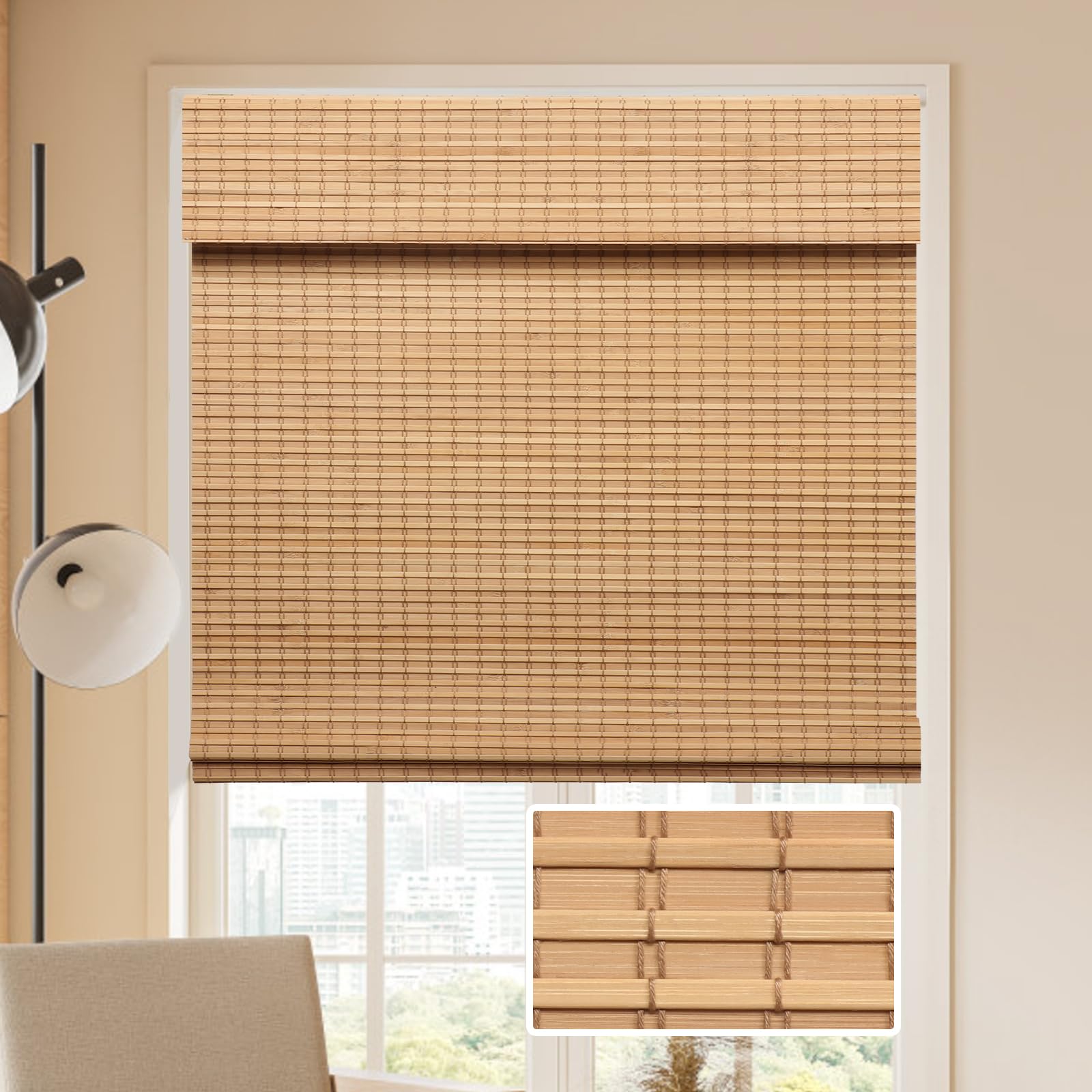 LUCKUP Cordless Bamboo Roman Blinds Shades for Indoor Windows-Blackout Room Darkening Roman Blinds with 6 Valance Cover Enhanced