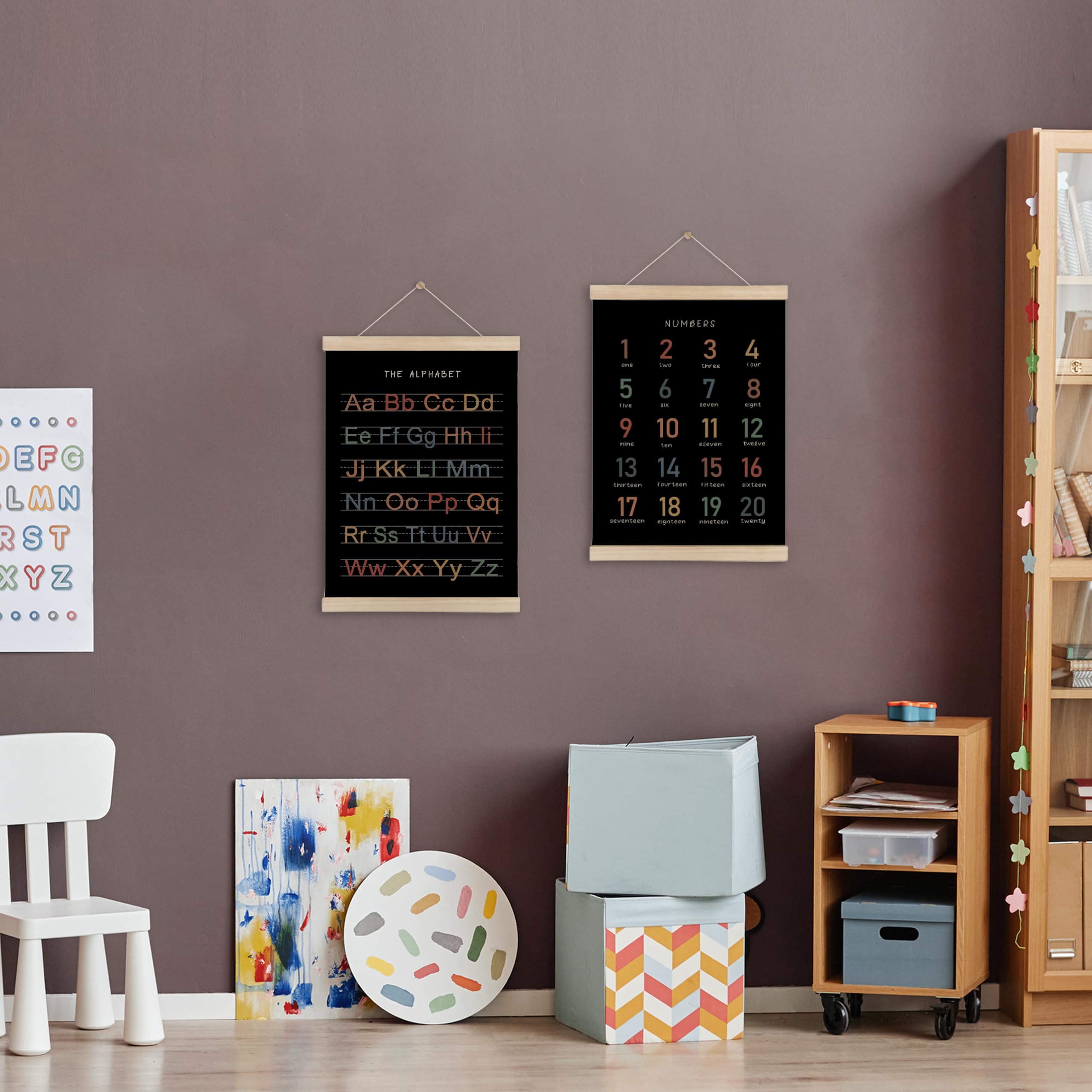 Hrqko Alphabet Numbers Poster Hanger Frame Set Of 2, Black Nursery Wall Decor, Abc Poster Wall Art With Wooden Frames, Boho Alph
