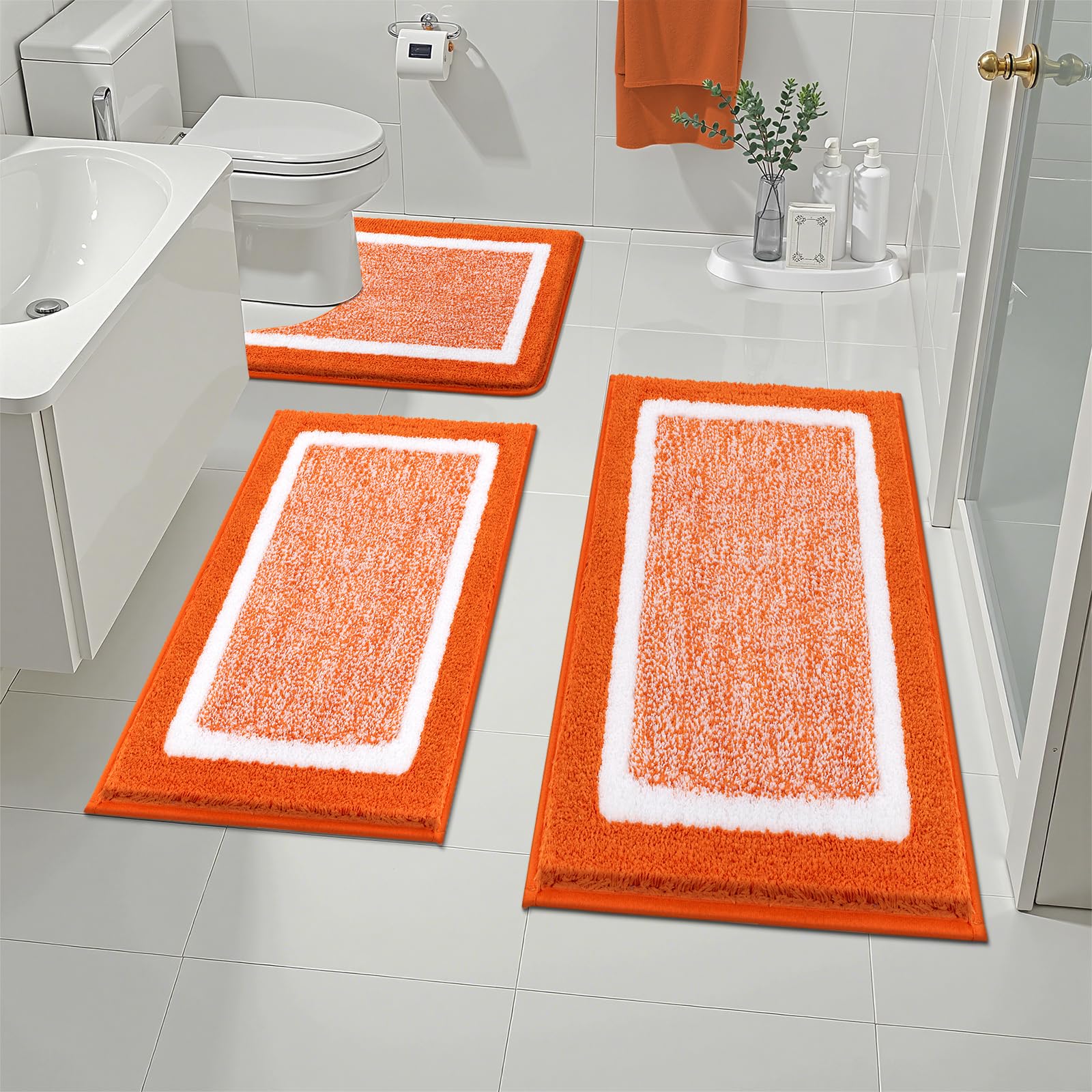 Pauwer Bathroom Rugs Sets 3 Piece Bathroom Shower Rugs with U-Shaped Contour Toilet Mat Absorbent Microfiber Plush Bath Mats Non Slip Bath Rugs Machine Washable Shaggy Bathroom Floor Mats  Orange