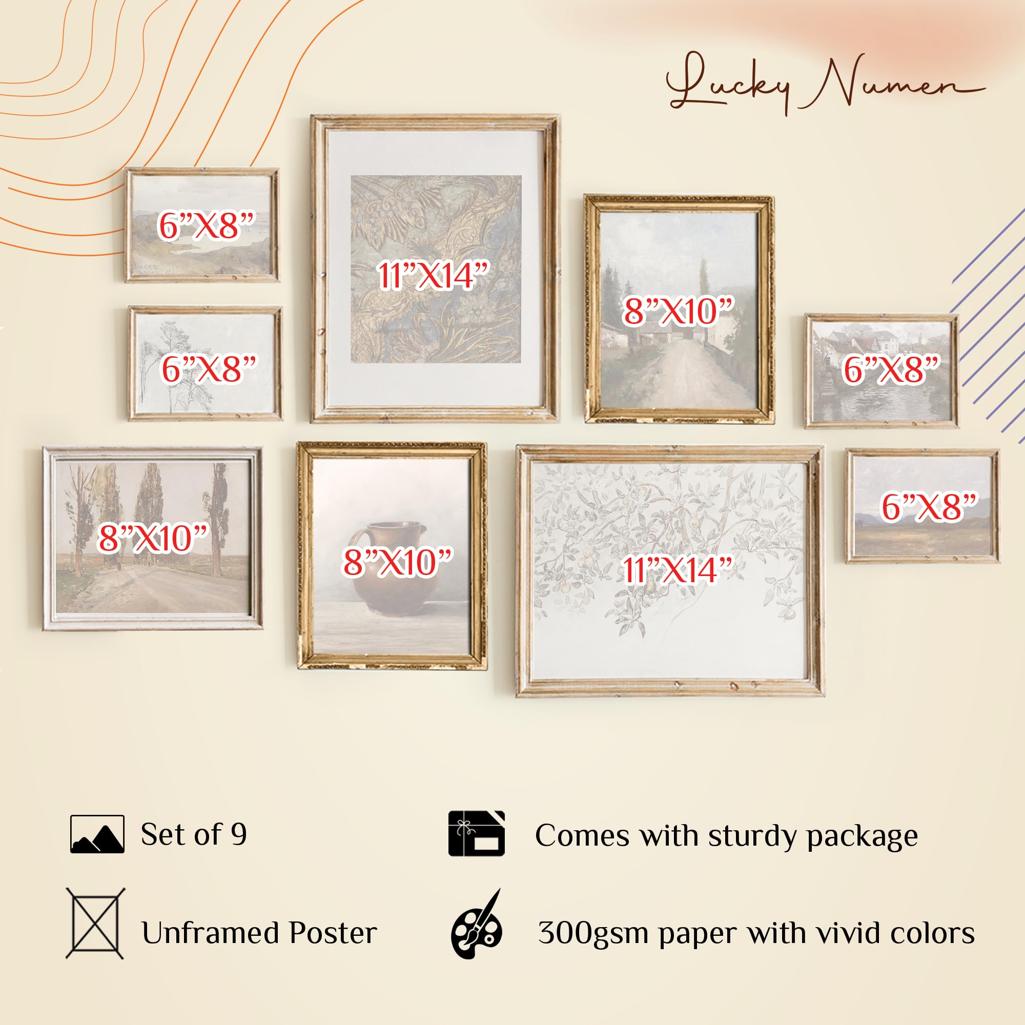Set 9 Vintage Wall Decor French Country Gallery Wall Art - Vintage Art Wall Decor, Sketch Poster Landscape Wall Art, French Coun