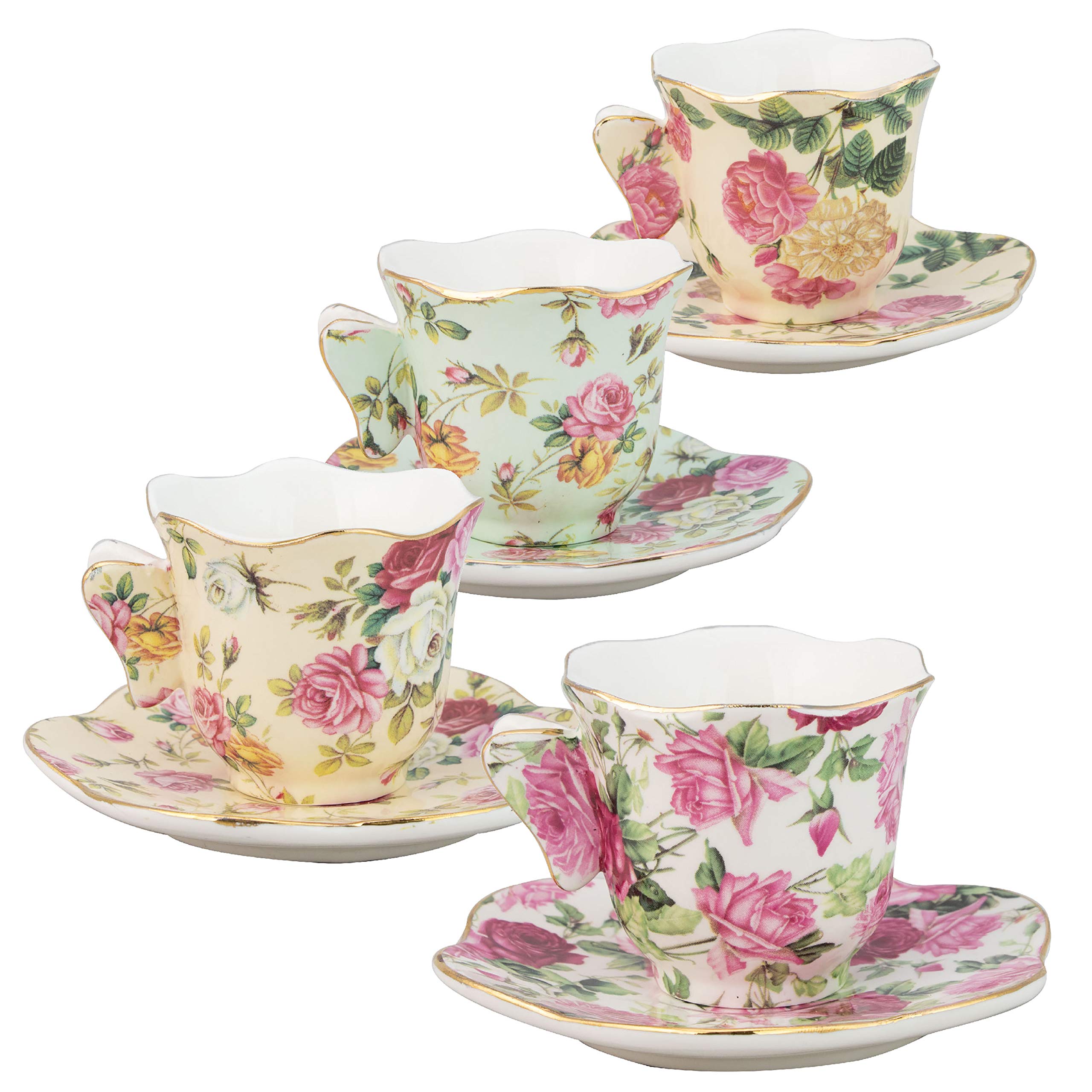 Gracie China Rose Chintz 2-Ounce Porcelain Espresso Cup And Saucer With Butterfly Handles, Set Of 4