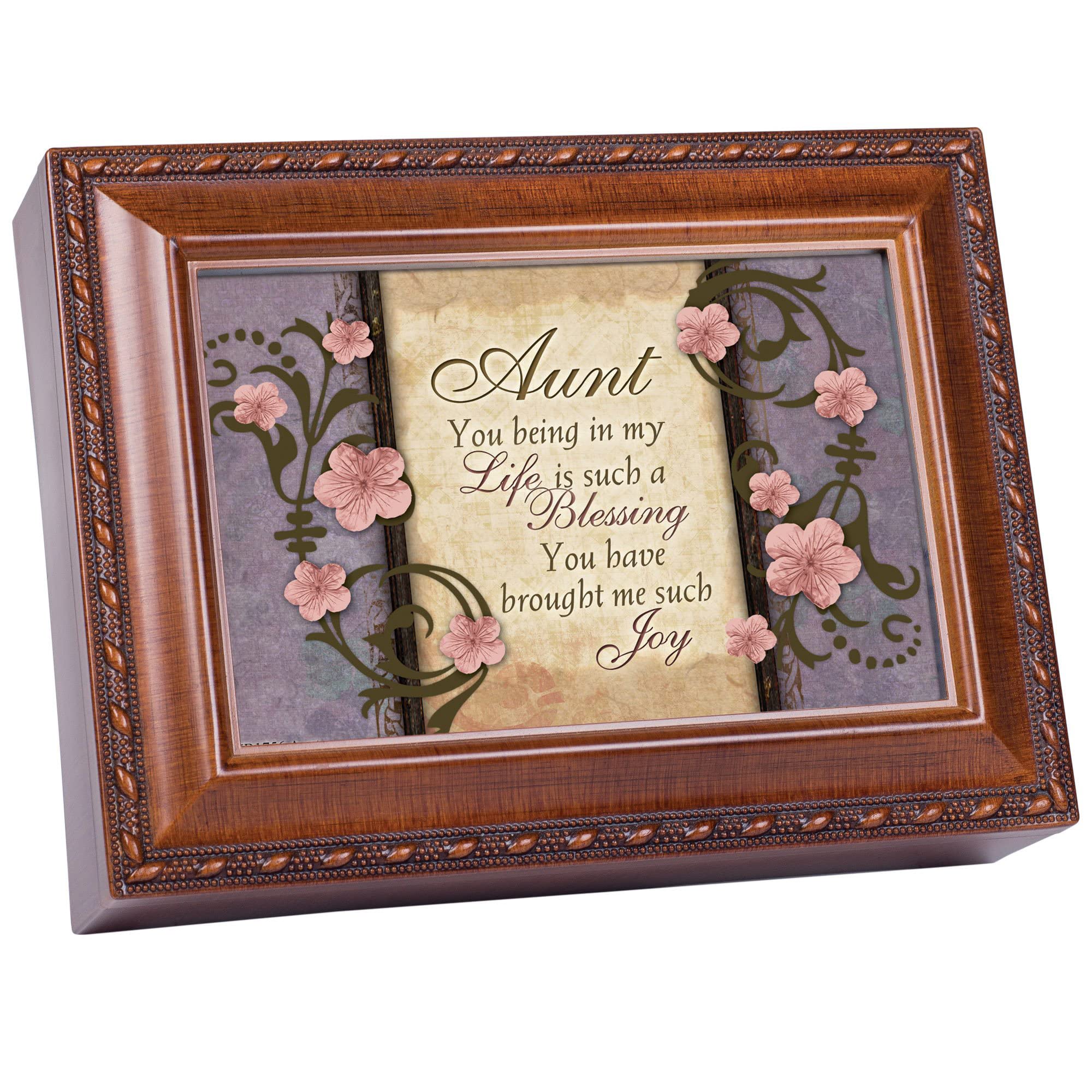Cottage Garden Aunt You Have Brought Much Joy Woodgrain Rope Trim Jewelry Music Box Plays Wind Beneath My Wings