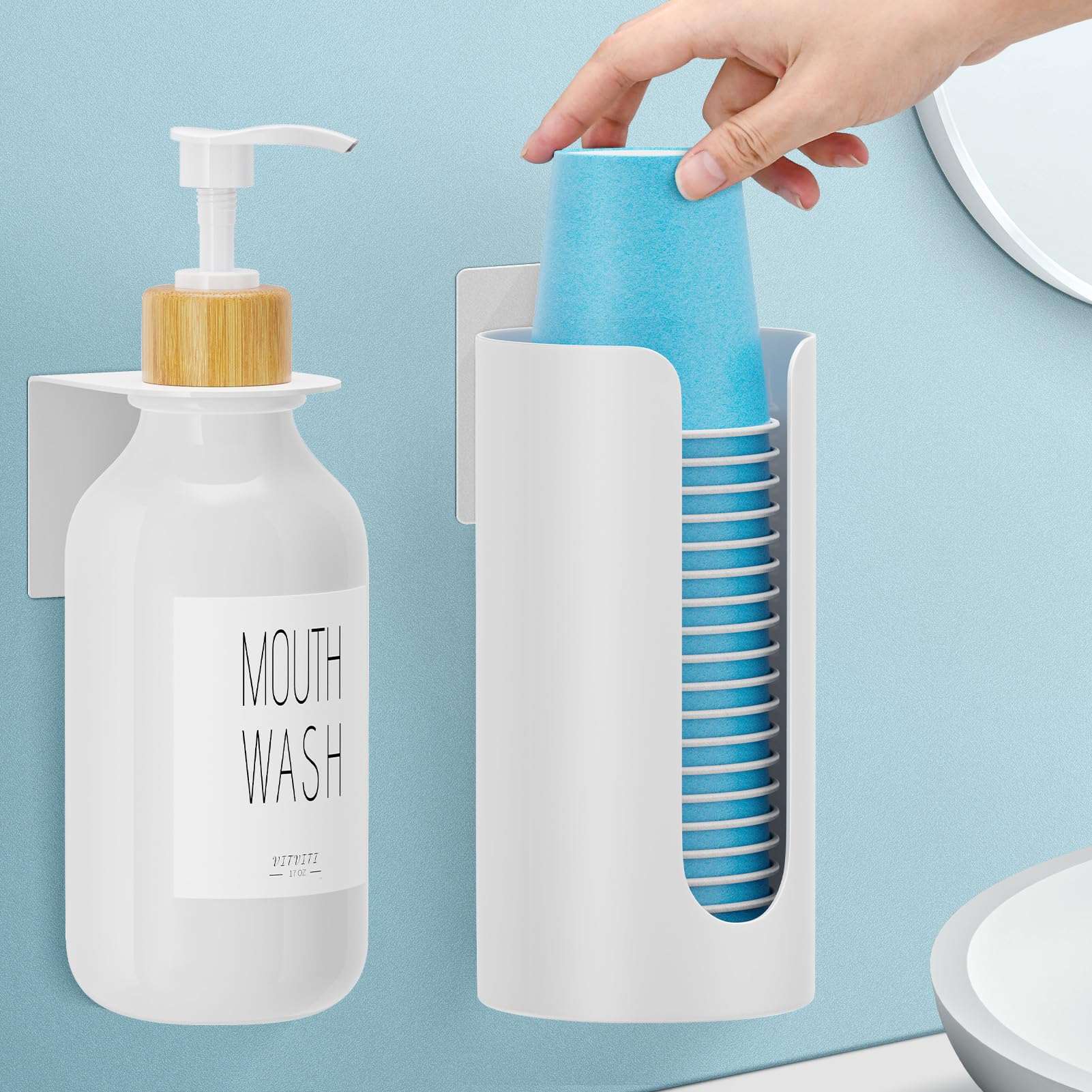 Vitviti Mouthwash Dispenser For Bathroom, Mouth Wash Dispenser Wall Mounted With Cup Holder, 17Oz Refillable Mouthwash Pump Cont