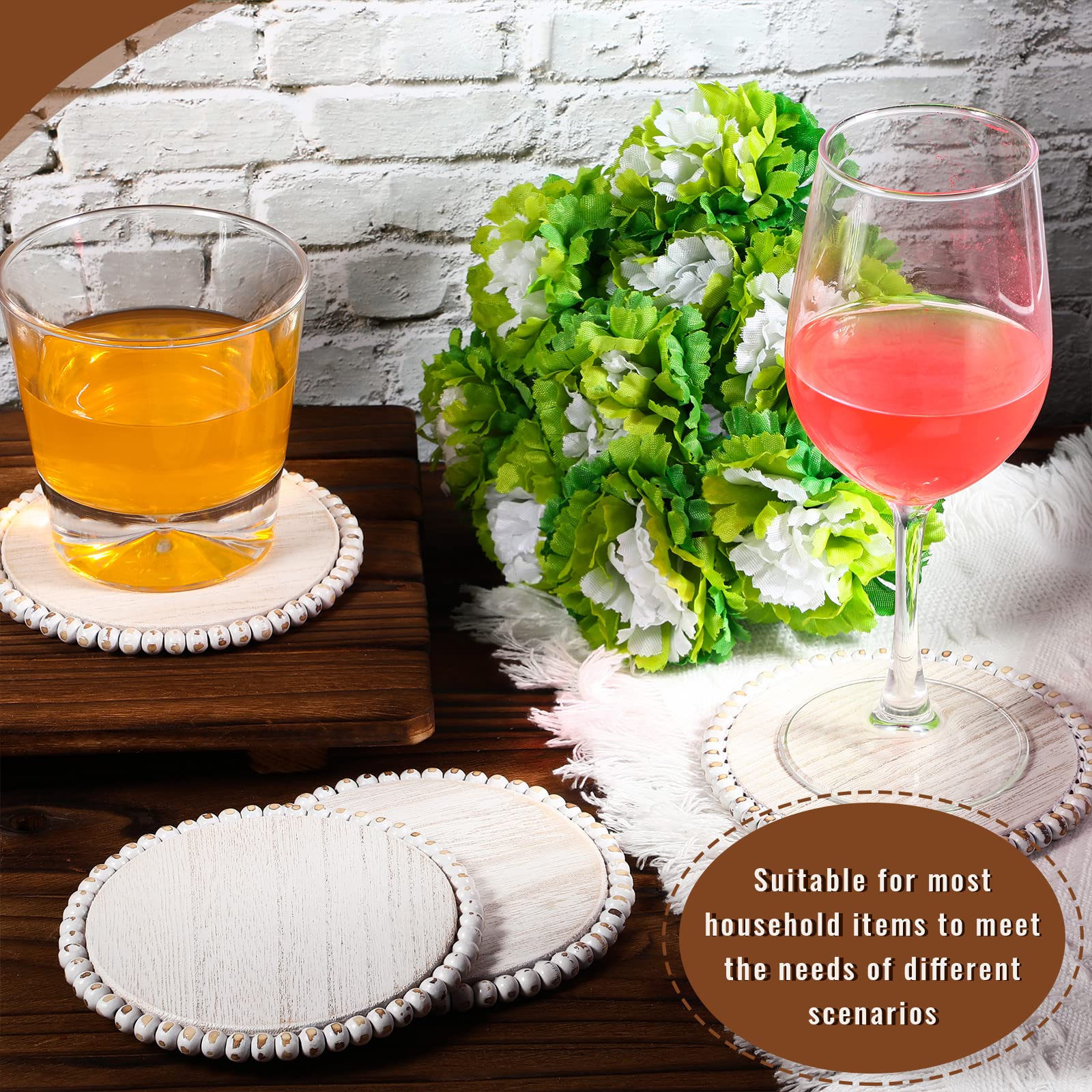 10 Pieces Beaded Wood Coasters Bulk Farmhouse Coasters for Drinks Coffee Table 4.7 Inch Round Farmhouse Beaded Rustic Coasters Decorative White Coasters Bar Coasters for Home Kitchen Decor