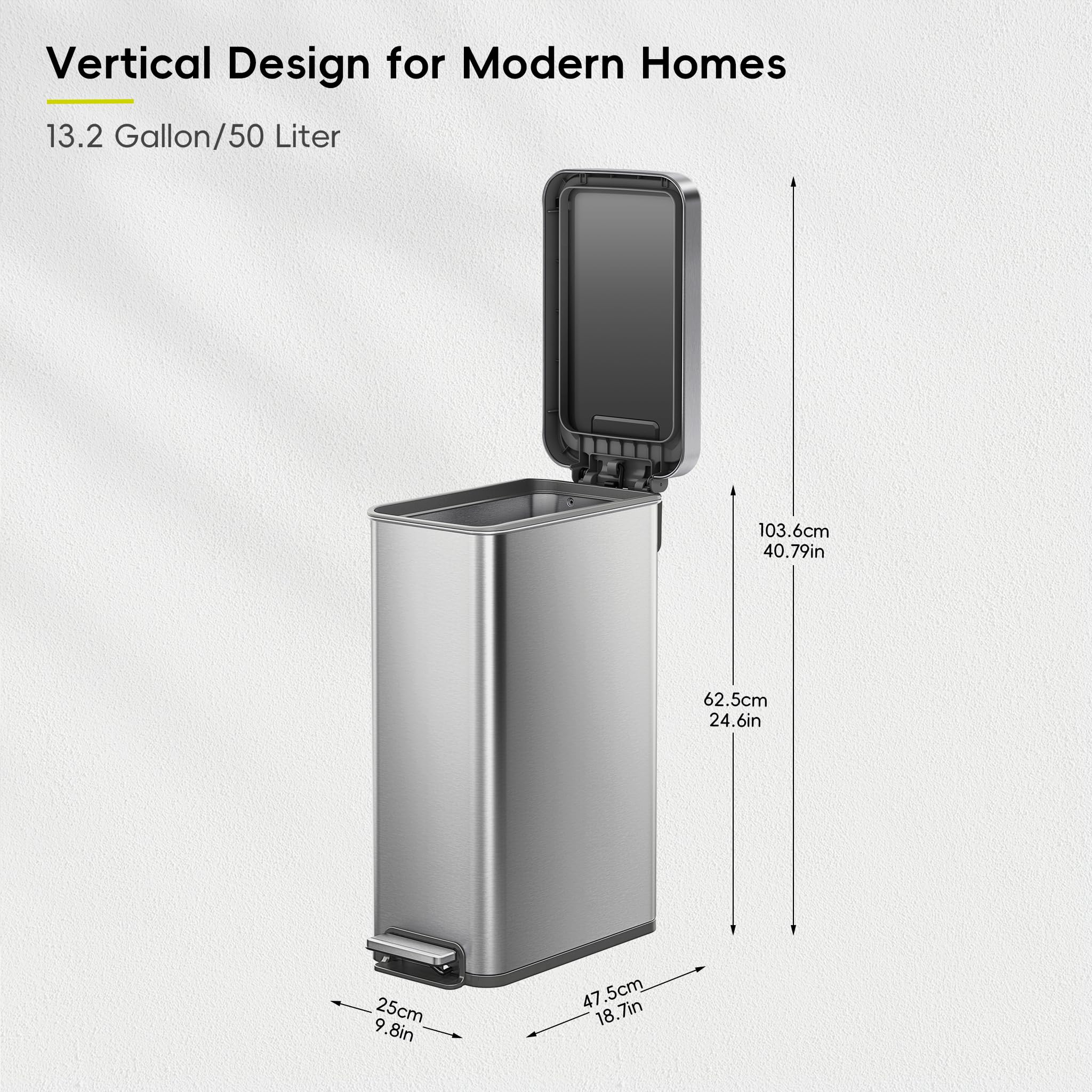 EKO Hudson Slim 50L / 13.2 Gallon Kitchen Trash Can with Lid, Stainless Steel Step Garbage Can for Kitchen or Home, Space-Saving