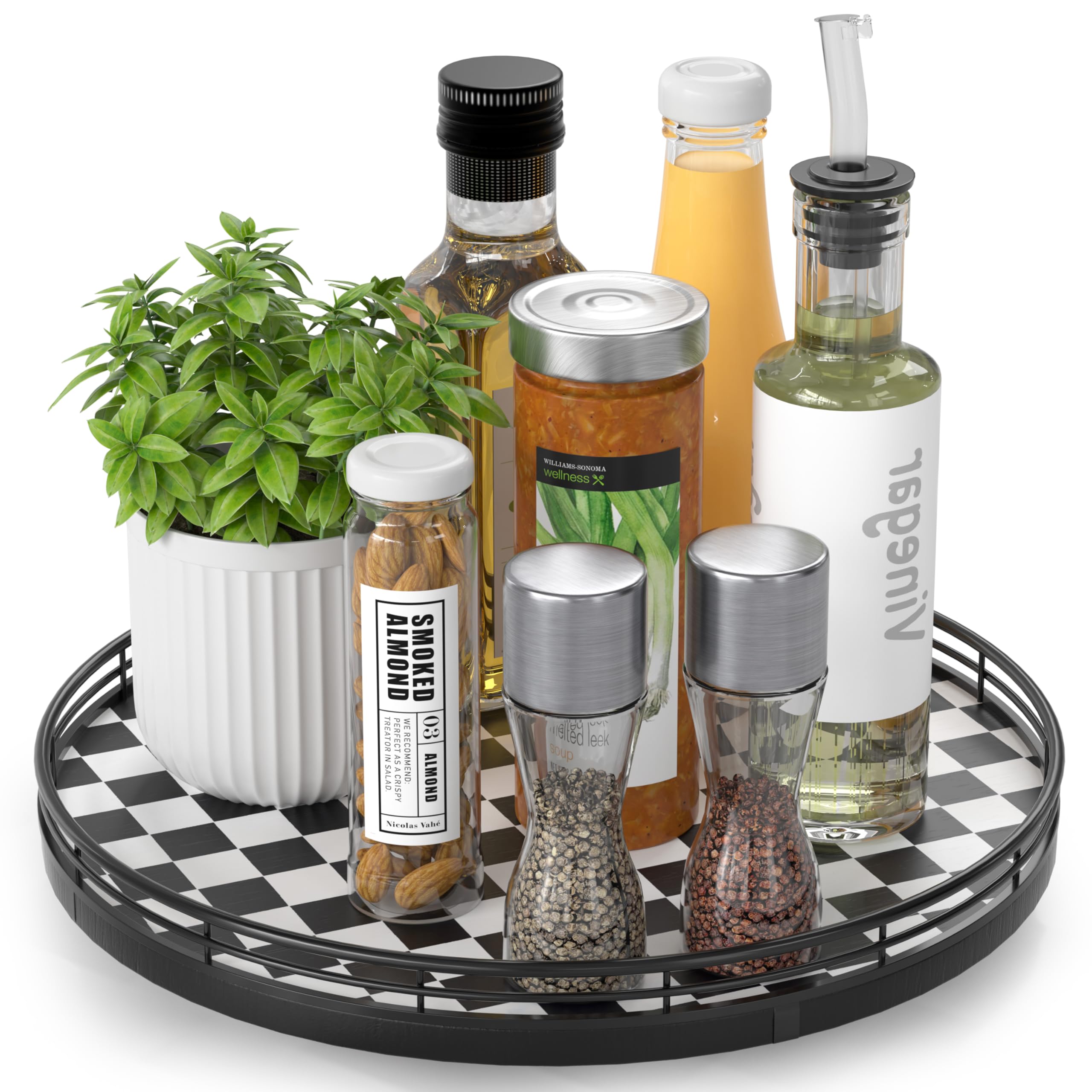 Black and White Kitchen Lazy Susan Turntable - Round Checkered Decorative Tray, 12    Table Top Oak Wood Lazy Susan for Cookies,