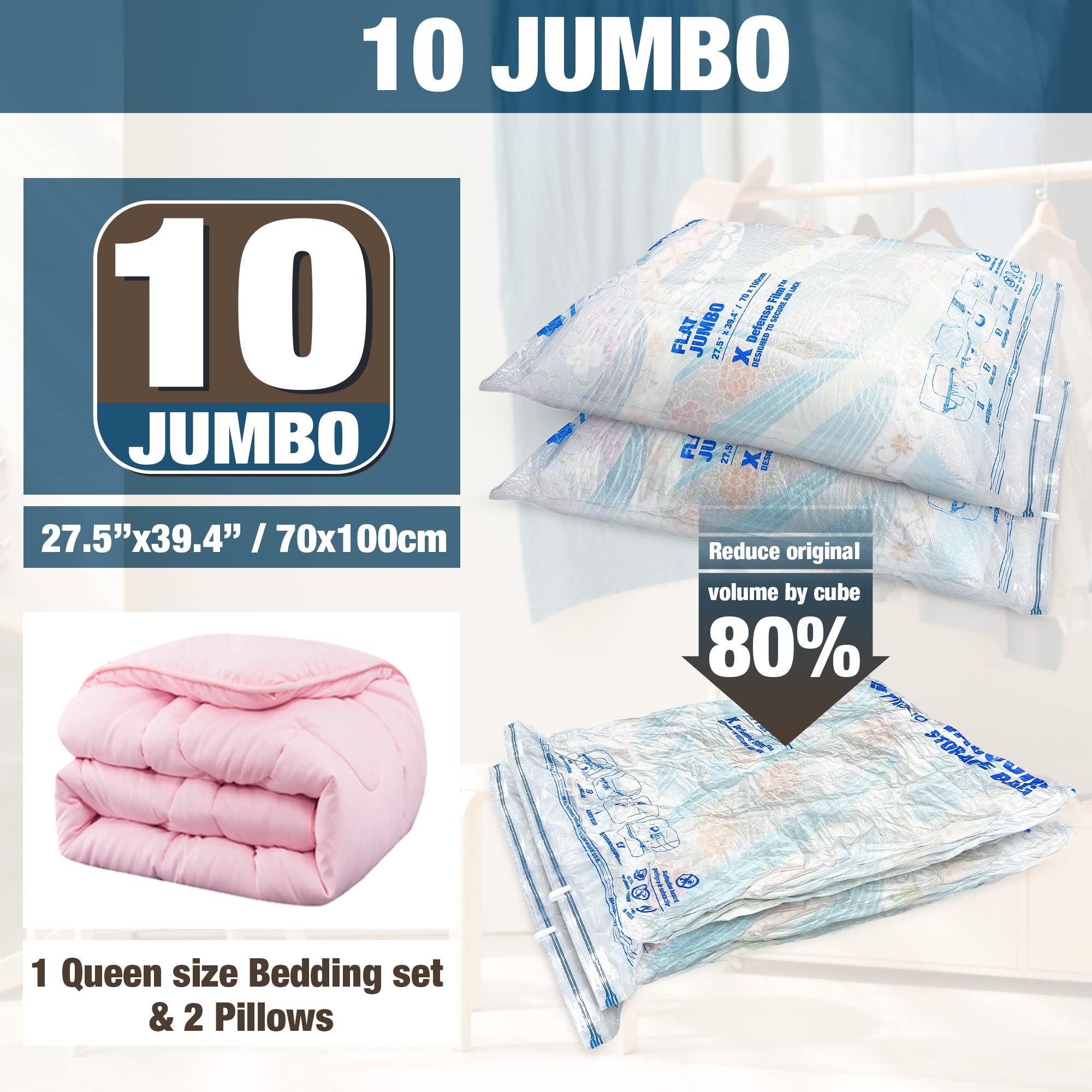 Vacuum Storage Bags  10 Jumbo Space Saver Vacuum Seal Bags  Space Bags  Vacuum Sealer Bags for Clothes  Comforters  Blankets  Bedding (10J)