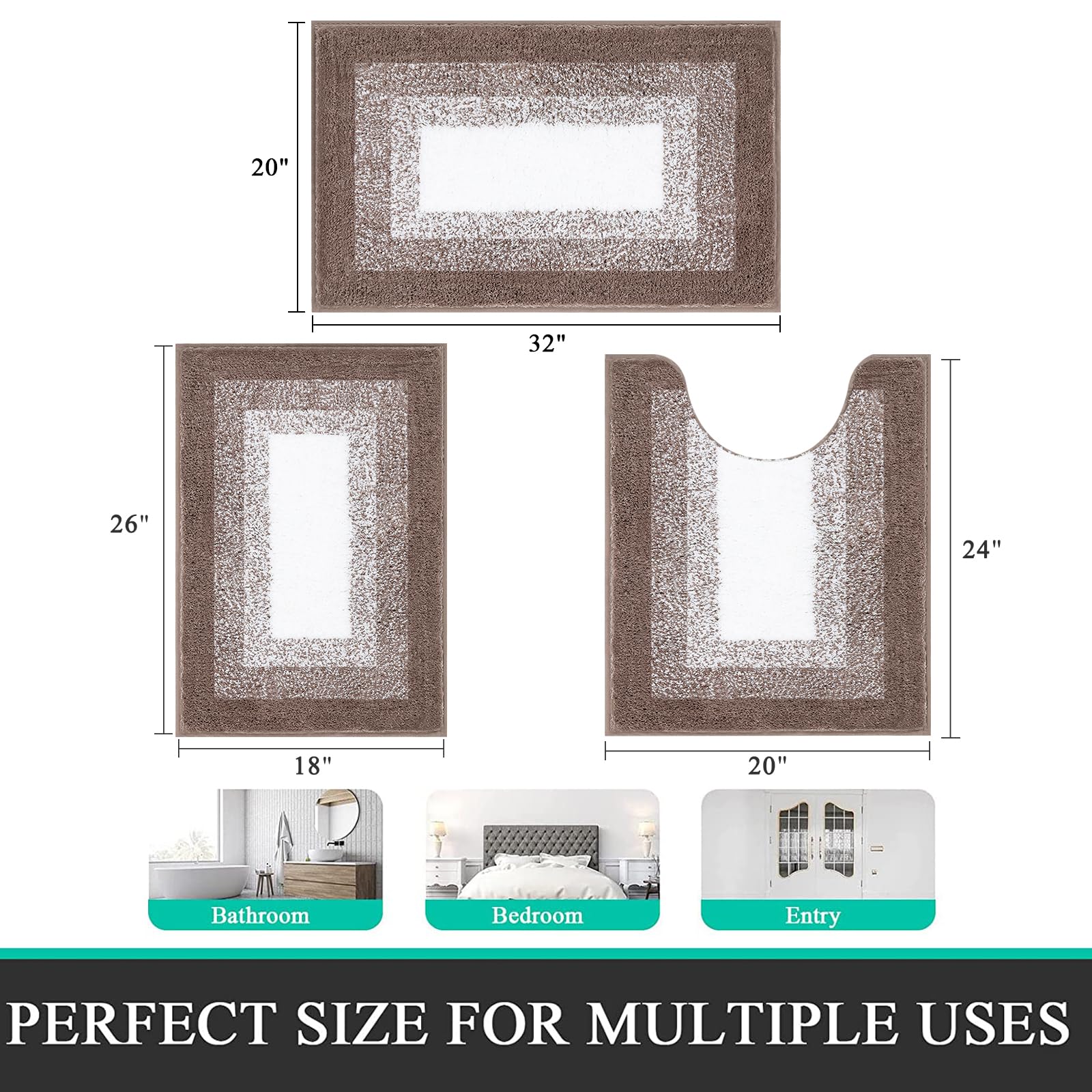 Bsmathom Bathroom Rugs Sets 3 Piece  Plush Shaggy Bathroom Rugs Non Slip Washable  Absorbent Microfiber Bath Mat with U-Shaped Contour Toilet Mat for Bathroom Floor  Tub and Shower  Coffee
