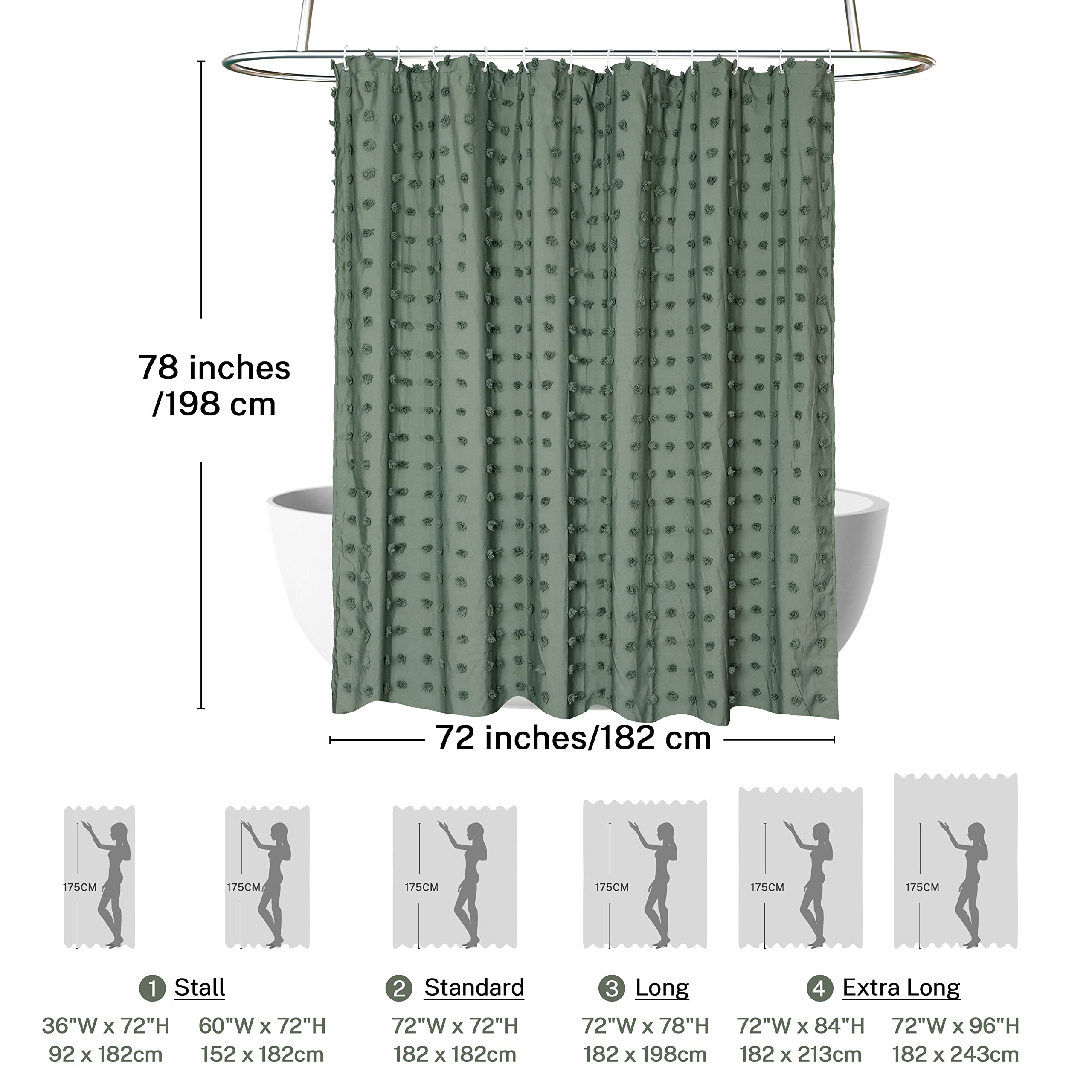 Siiluminisoy Extra Long Green Boho Shower Curtain Woven Fabric Cute Shower Curtain, 72 X 78 Tufted Pleat Floral Puffs Textured M