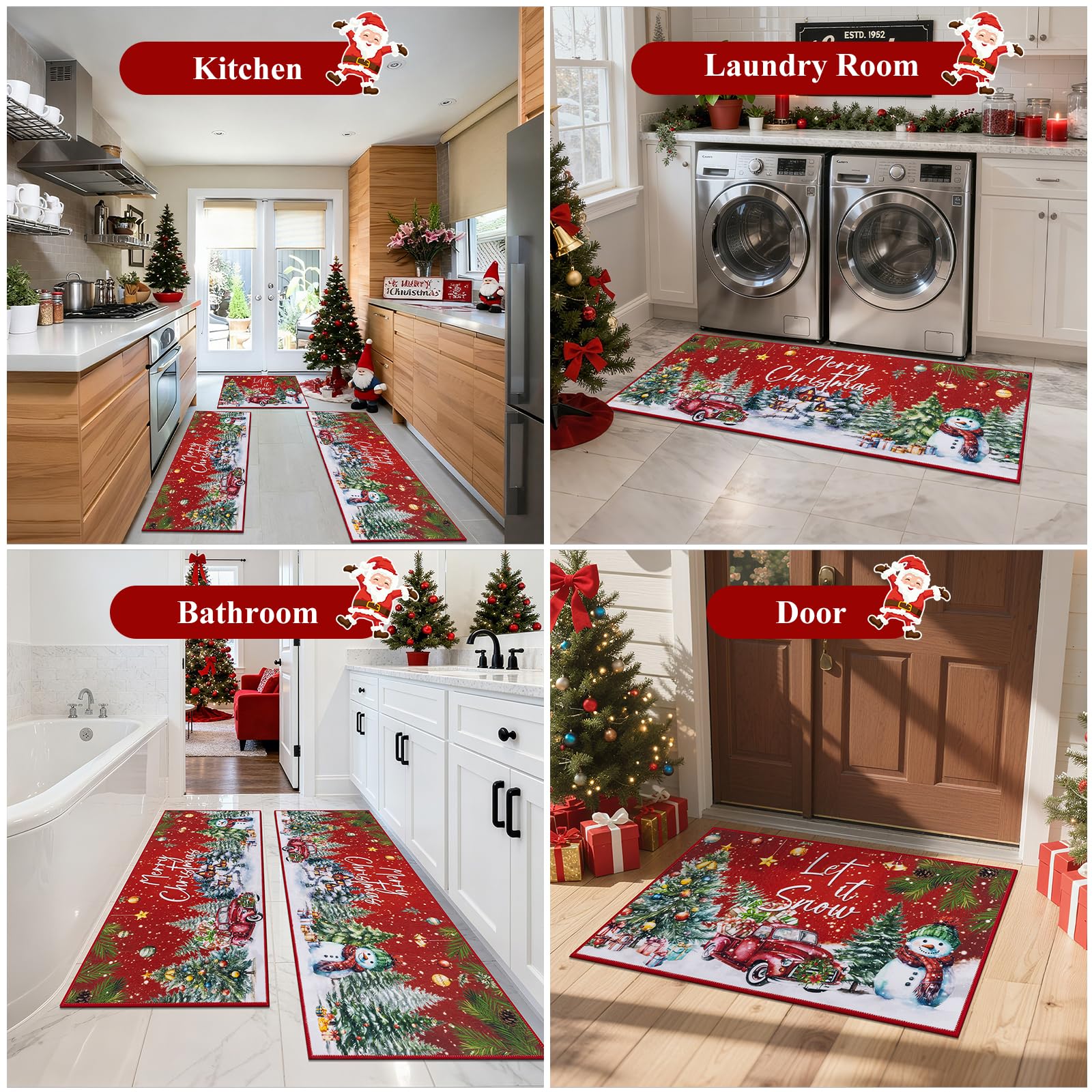 U Artlines Christmas Kitchen Rug and Mat Set of 3, Non Skid Merry Christmas Tree&Car Kitchen Mats for Home Decor, Washable Runn
