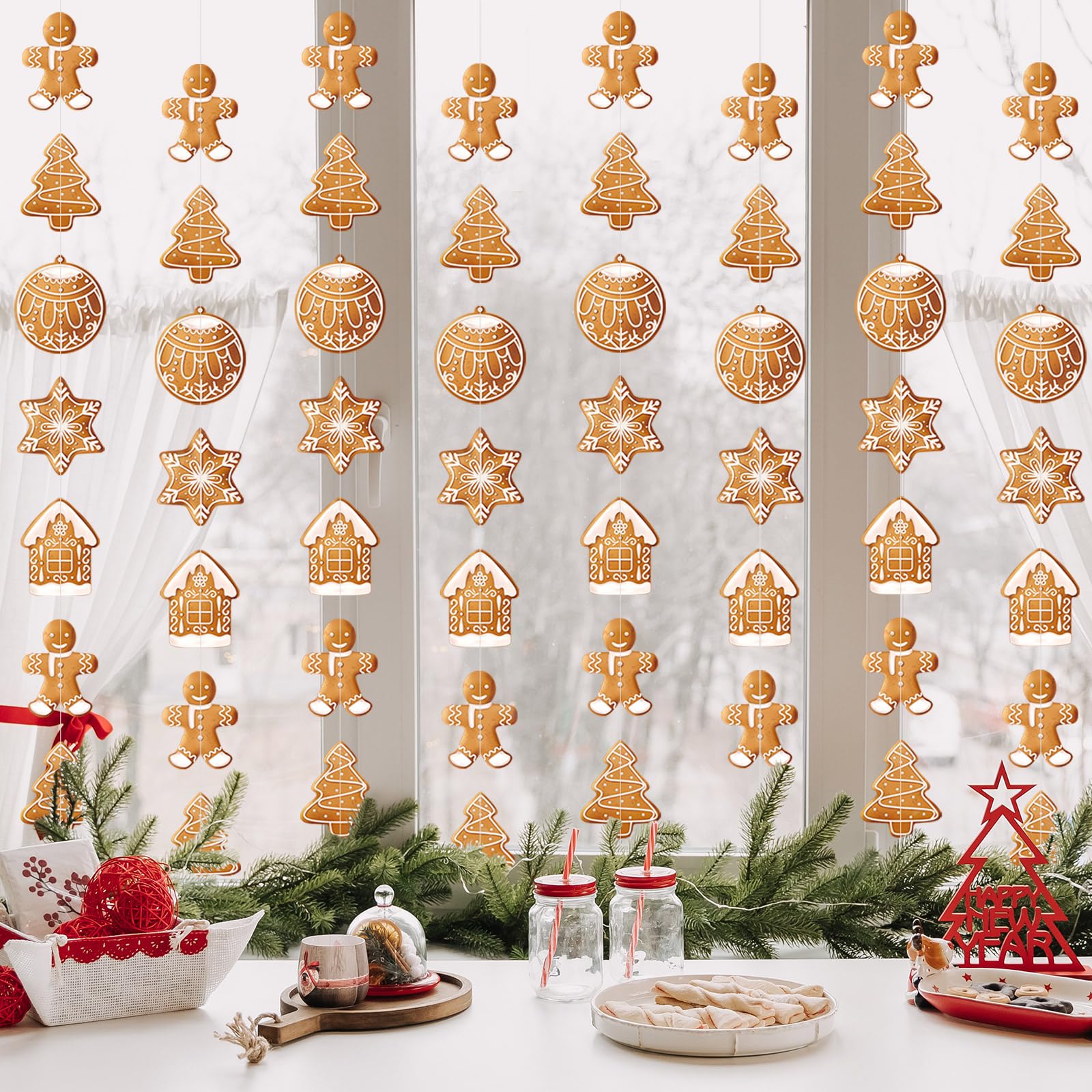 TaoBary 8 Pack Christmas Gingerbread Theme Garland 6.56 ft Cute Snowflake House Hanging Decorations Christmas Tree Ornaments Pre