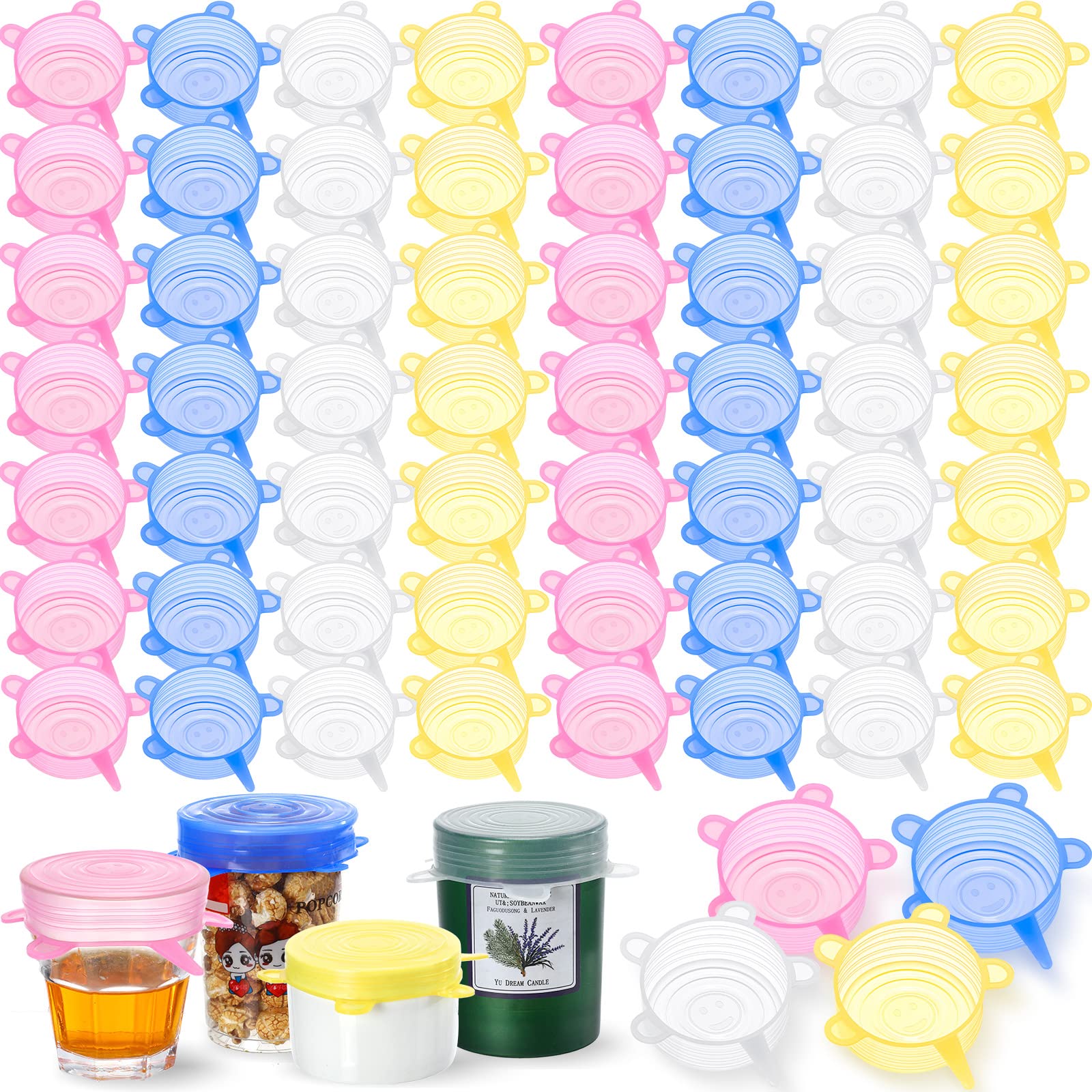Nuogo 60 Pieces Silicone Stretch Lids 2.6-3.3 Inch Reusable Microwave Cover For Food Bowl Covers Silicone Covers For Bowls, 4 Co