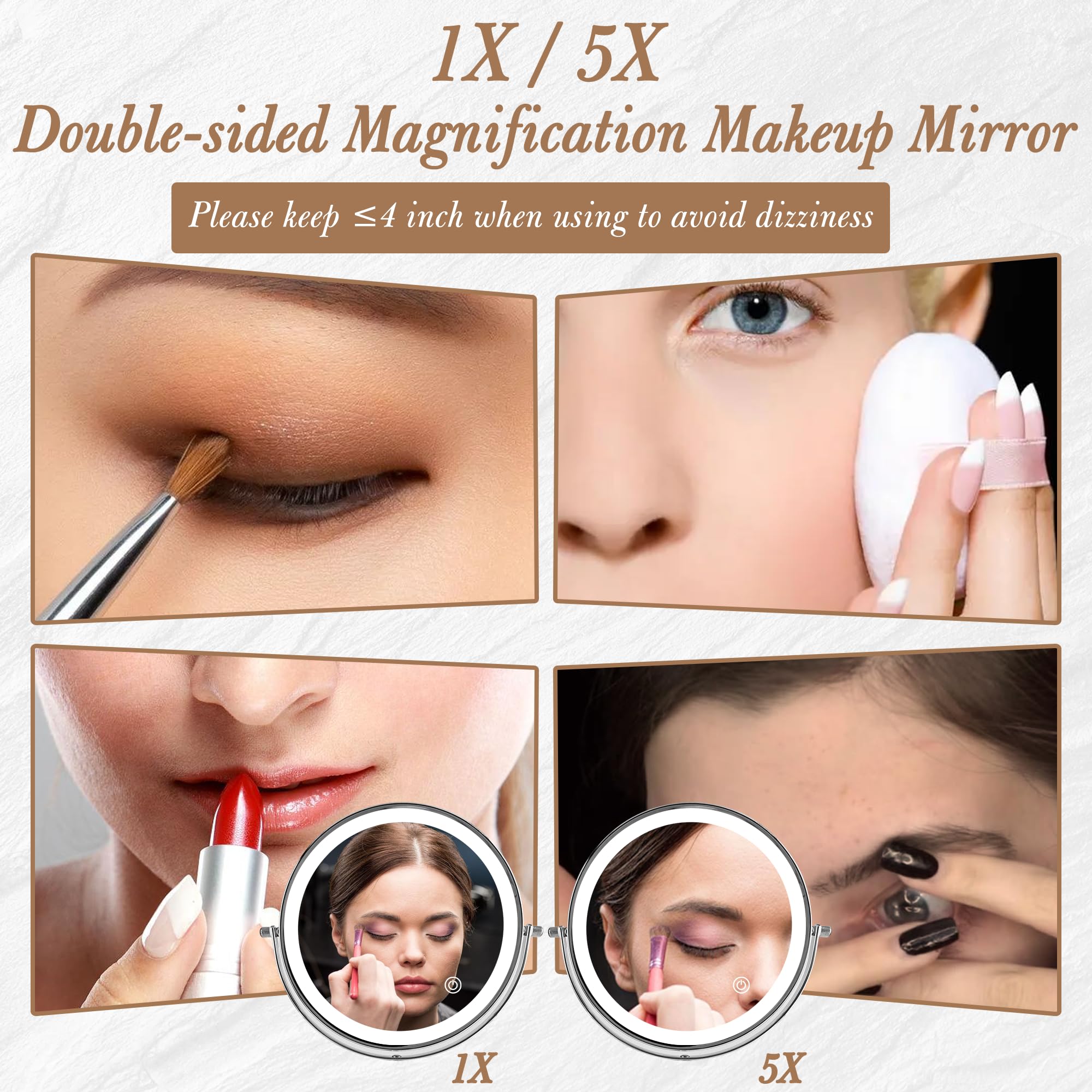 Ysenchan Lighted Makeup Mirror, 8'' Rechargable Led Vanity Magnifying Mirror, Double Sided 5X Manification Mirror With Stand, Co