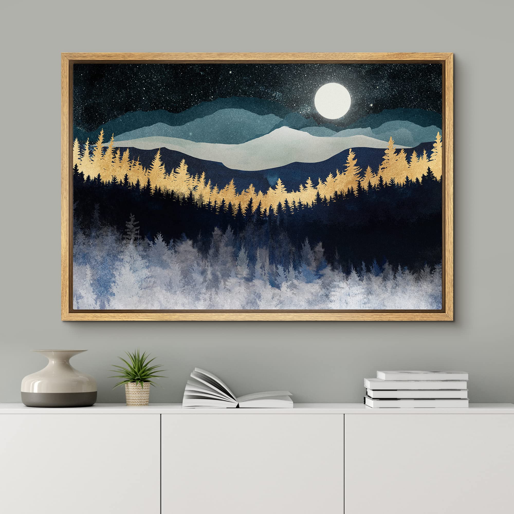 Signford Framed Canvas Print Wall Art Gold Blue Moonlight Mountain Forest Nature Wilderness Illustrations Modern Art Rustic Zen