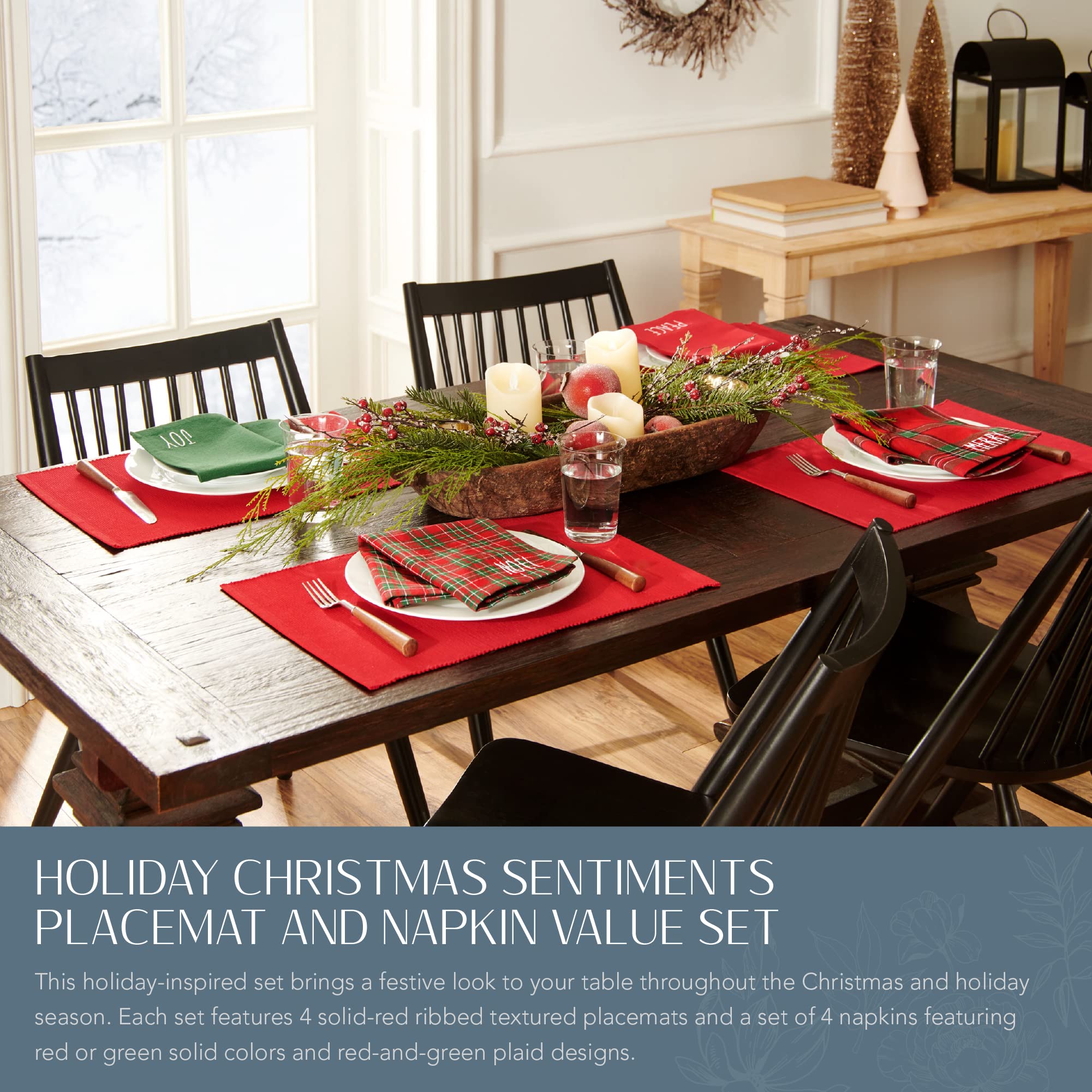 Elrene Home Fashions Holiday Sentiments Fabric Placemat And Napkin Value Set, Set Of 4 Napkins And 4 Placemats, 13 X 19 Inches