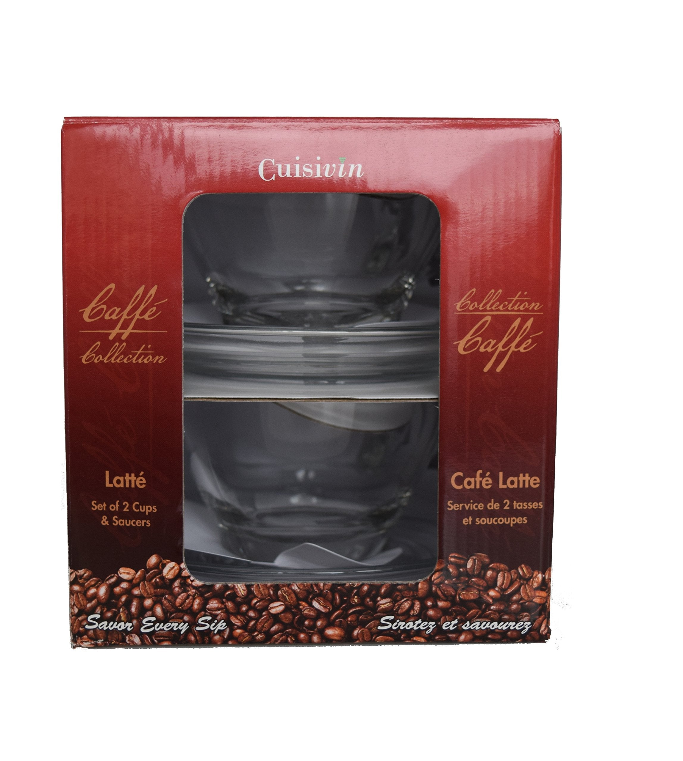 Cuisivin Caff   Collection Latte 9 Oz Cup And Saucer-Gift Box Set (2 Cups + 2 Saucers) Drinkware Cups With Saucers, Clear